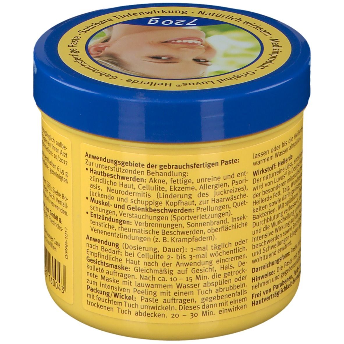 Gelber Tiegel mit blauem Deckel. Produktinformationen und Anwendungsgebiete. Aufschrift: Luvos Heilerde 2 hautfein, 720g.