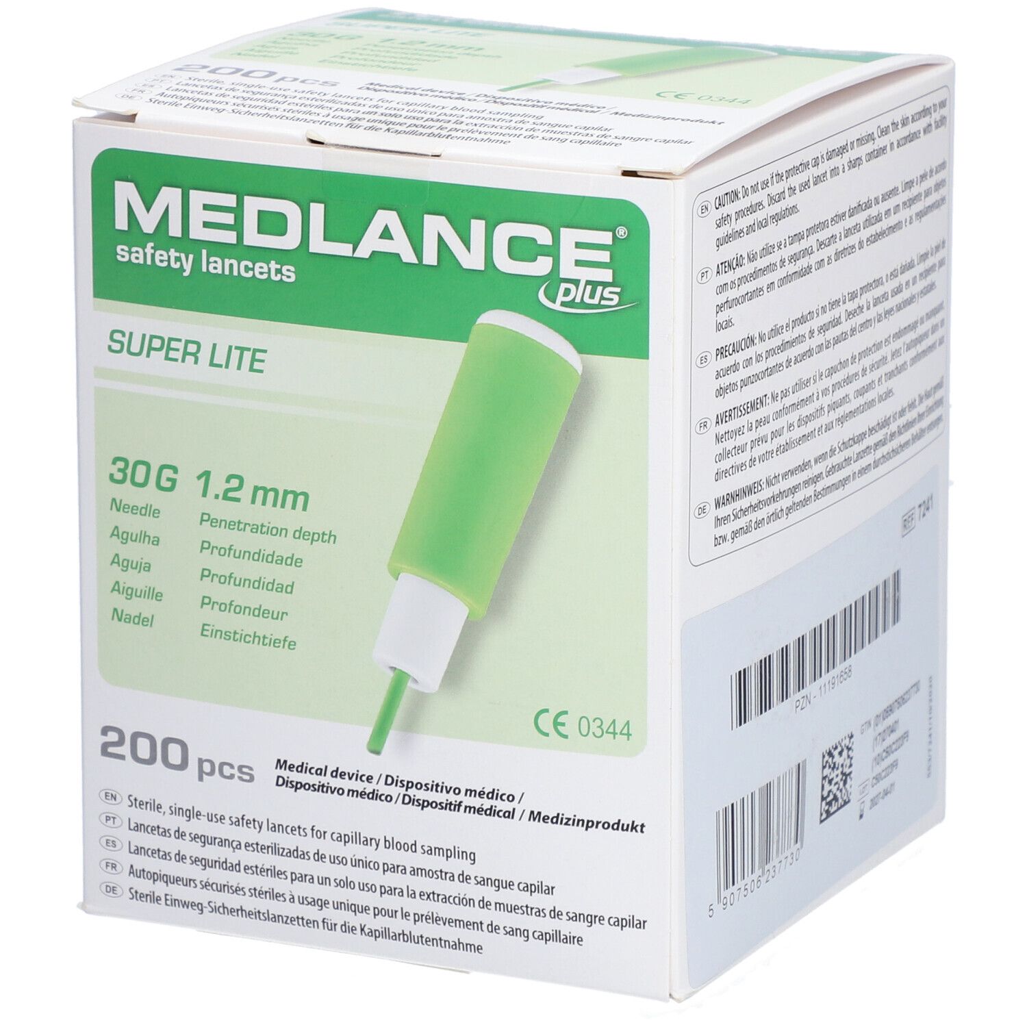 Verpackung mit MEDLANCE plus Lite Sicherheitslanzetten. Grüne Lanzette, 30G, 1,2 mm. 200 Stück. Medizinprodukt.