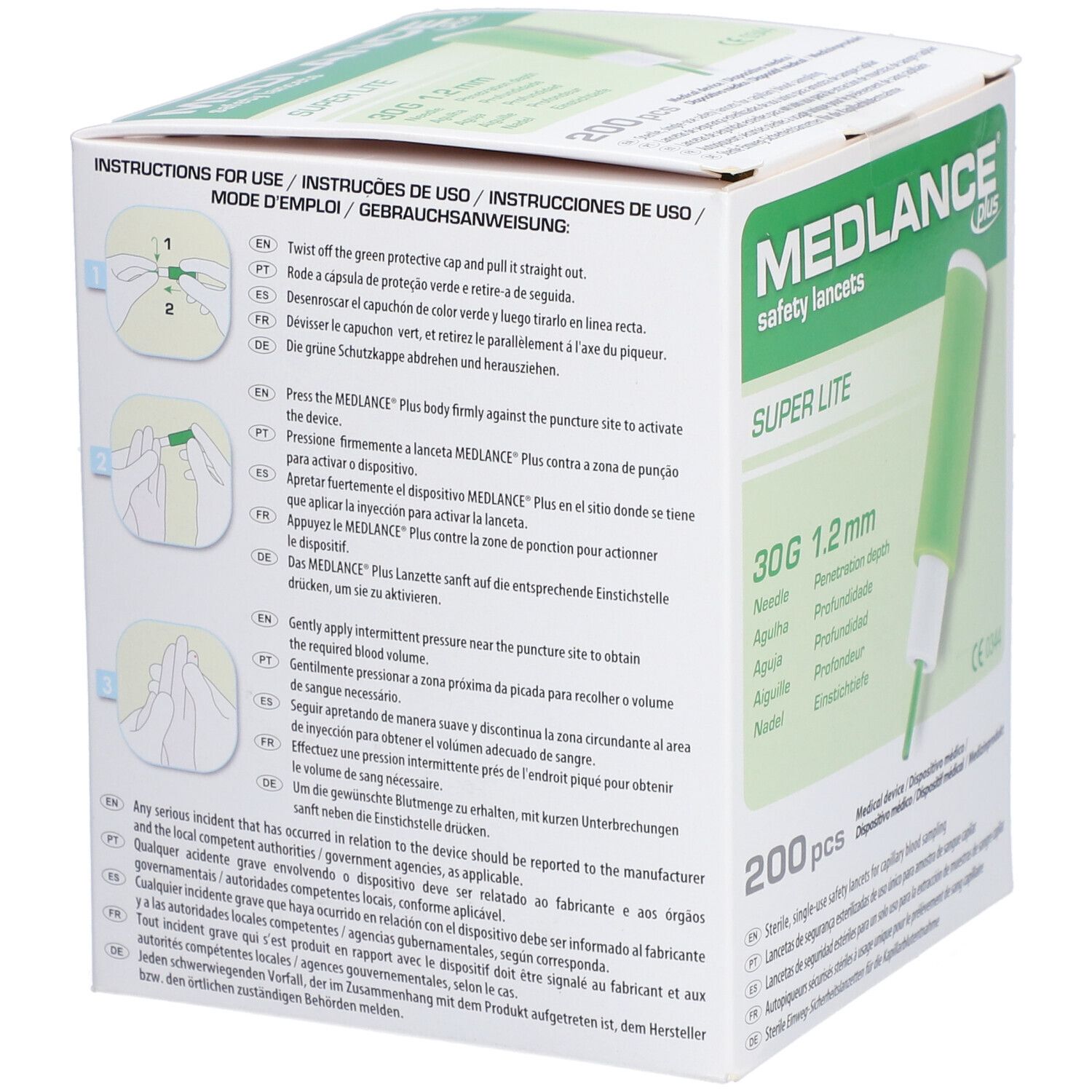 Rückseite der Verpackung mit Anweisungen für MEDLANCE plus Lite Sicherheitslanzetten. Illustrationen und Text in mehreren Sprachen.