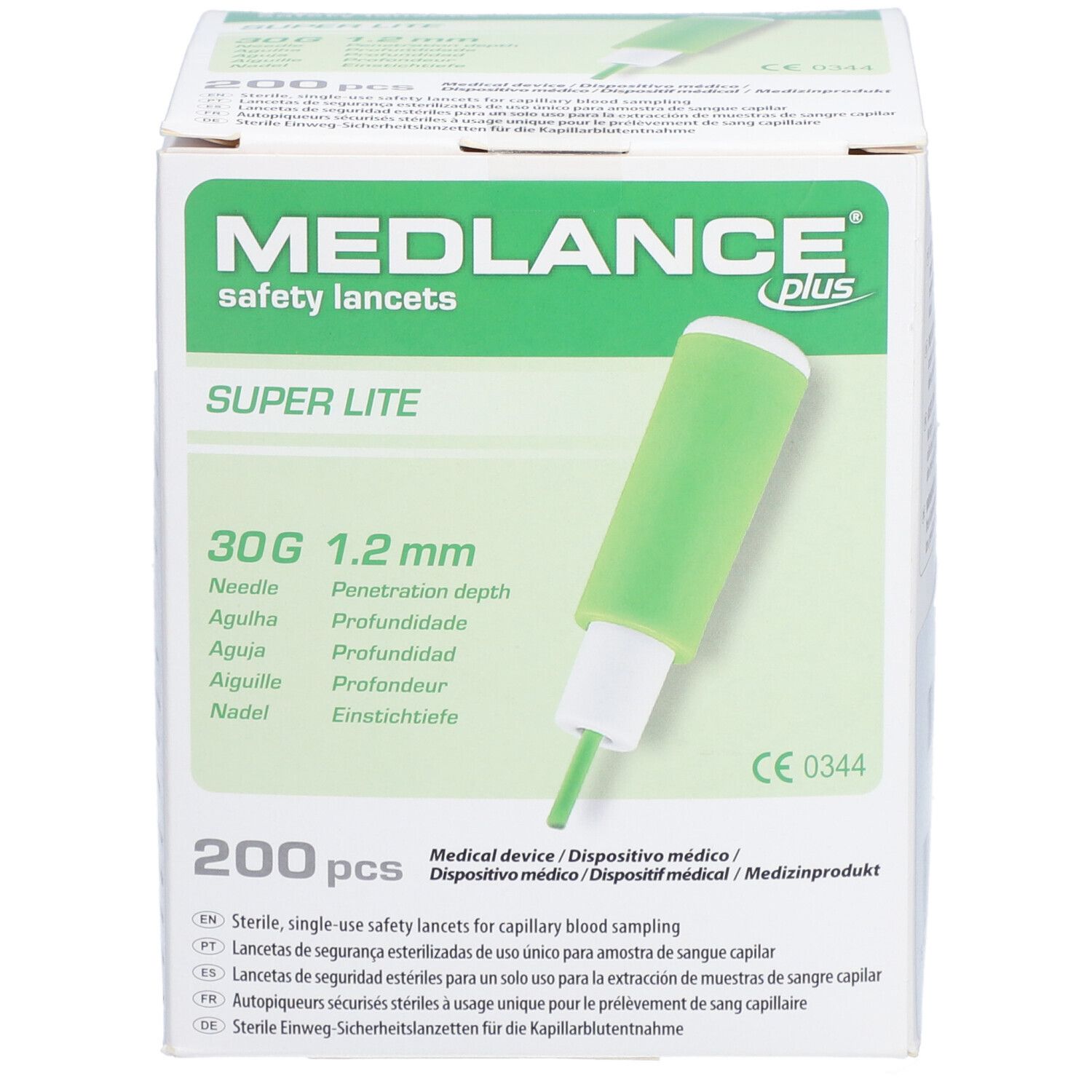 Vorderansicht der Verpackung mit MEDLANCE plus Lite Sicherheitslanzetten. Grüne Lanzette, 30G, 1,2 mm. 200 Stück.