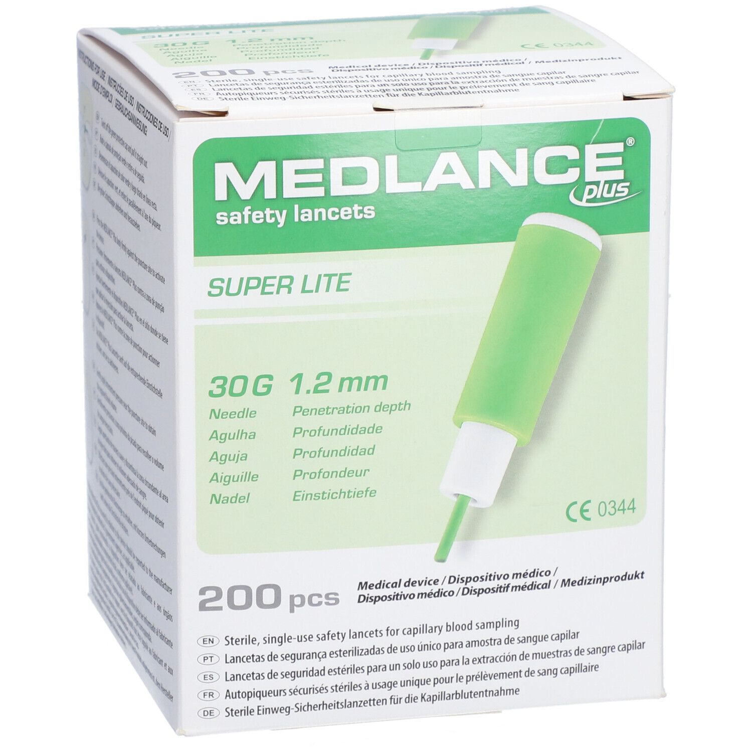 Vorderansicht der Verpackung mit MEDLANCE plus Lite Sicherheitslanzetten. Grüne Lanzette, 30G, 1,2 mm. 200 Stück. Medizinprodukt.
