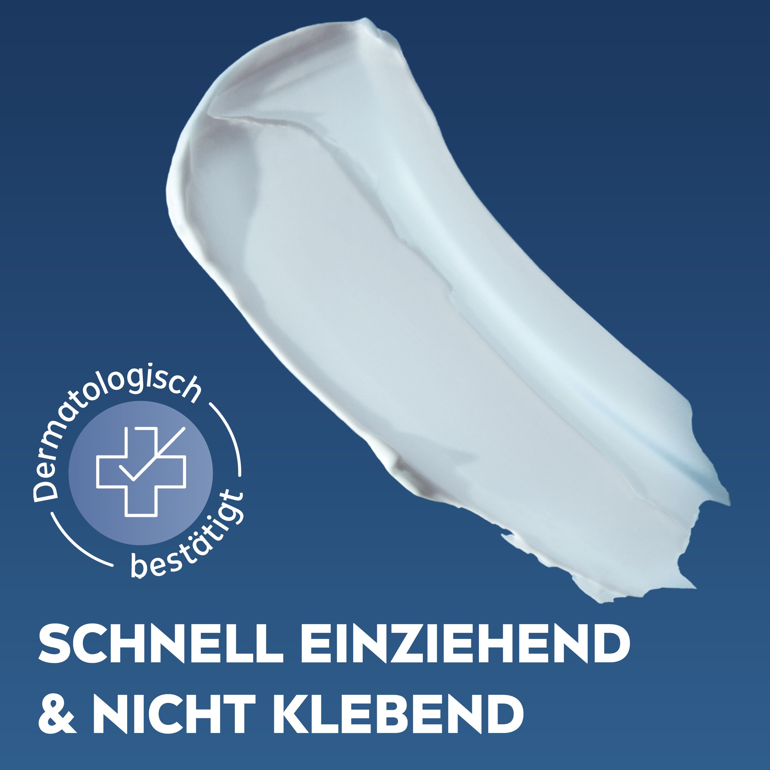 Cremeauftrag auf blauem Hintergrund mit Text 'Schnell einziehend & nicht klebend'.