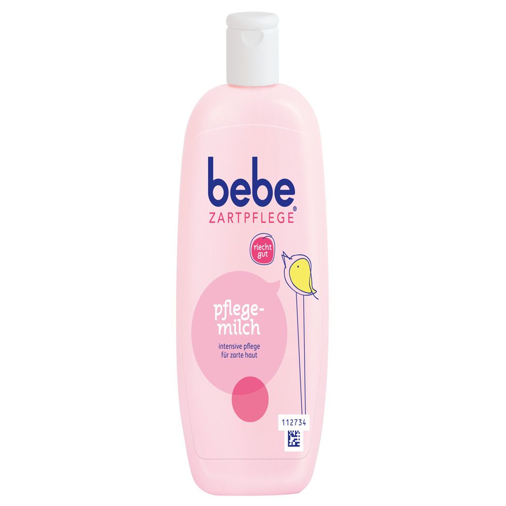 Rosa Flasche mit weißem Deckel. Aufschrift: bebe Zartpflege Pflegemilch. Illustration eines Vogels. Für zarte Haut.