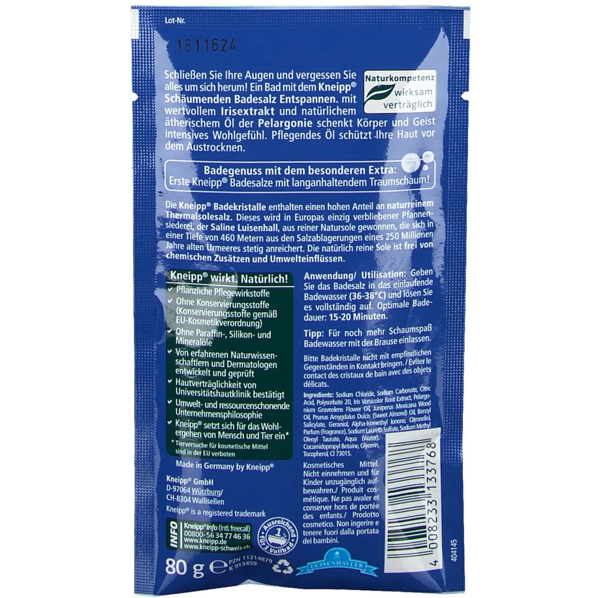Rückseite der Kneipp® Badesalz-Verpackung. Text: Naturkompetenz, wirksam, verträglich. Inhaltsstoffe, Anwendungshinweise, Herstellerinformationen.