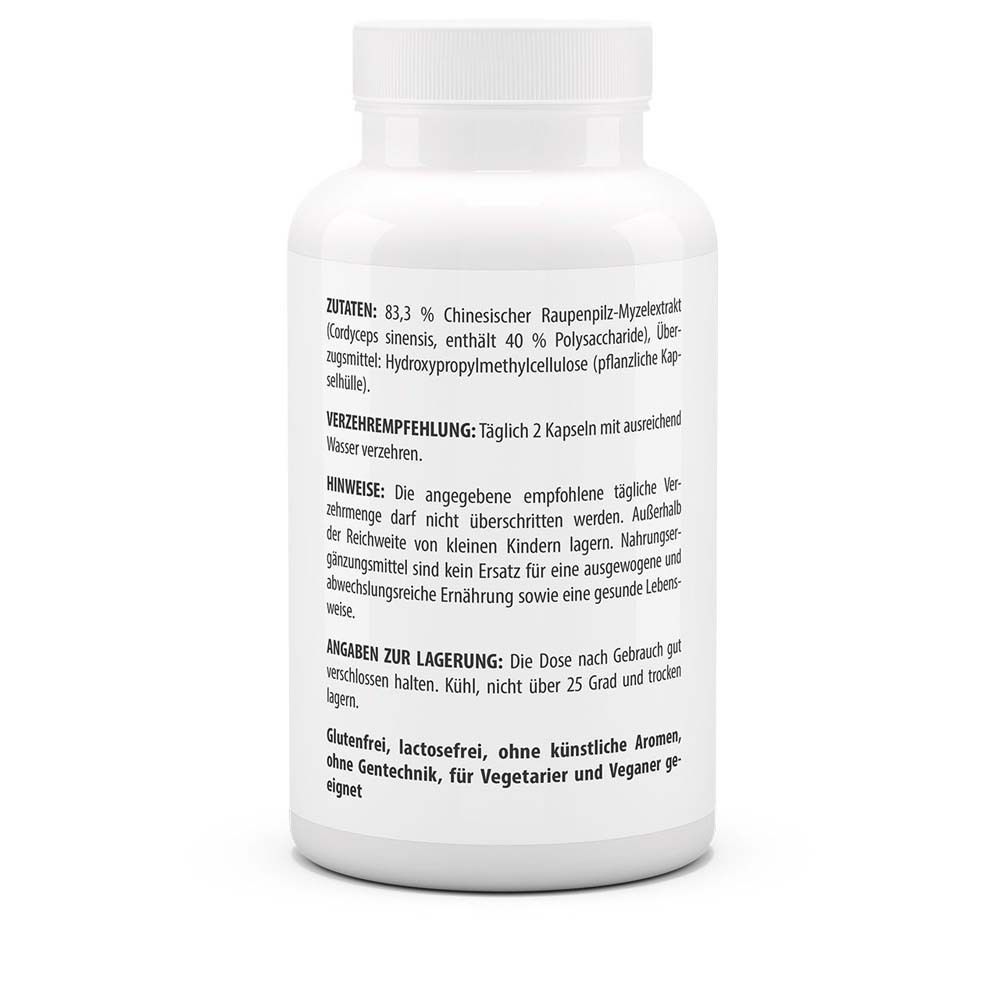 Rückseite der weißen Flasche. Text: Zutaten, Verzehrempfehlung, Hinweise, Angaben zur Lagerung. Glutenfrei, vegan.