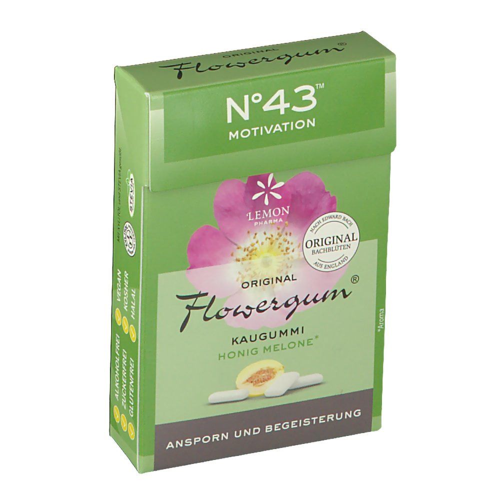 Grüne Schachtel mit "Flowergum" und "N°43 Motivation". Rosa Blüte, Kaugummis und Honigmelone abgebildet. Text: "Ansporn und Begeisterung".