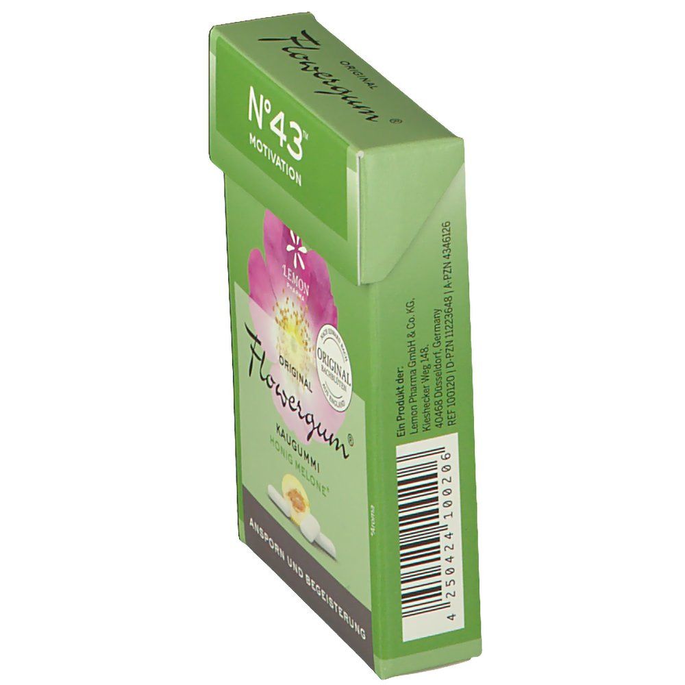 Grüne Schachtel "Flowergum" und "N°43 Motivation". Schachtel schräg. Logo "Lemon Pharma". Barcode und Text auf der Seite.