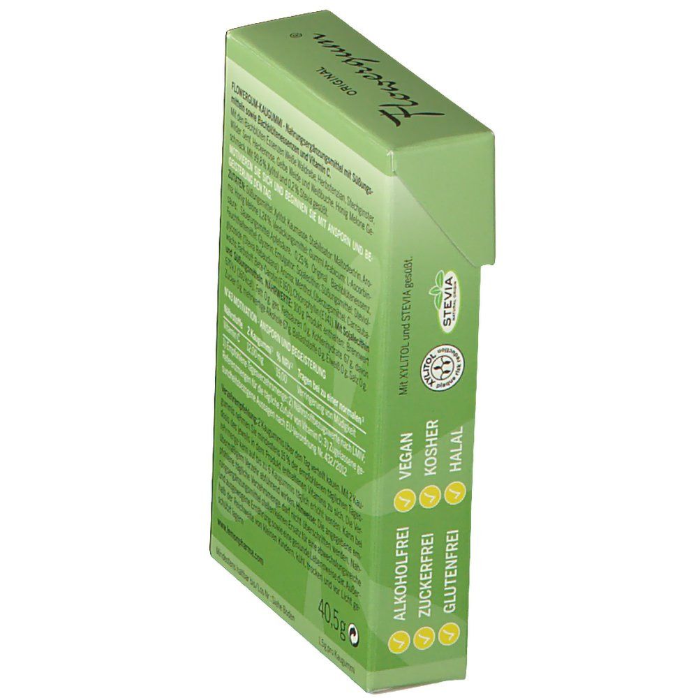 Grüne Schachtel mit Text. Zertifizierungen: Vegan, Kosher, Halal, Alkoholfrei, Zuckerfrei, Glutenfrei. "40,5g" sichtbar.