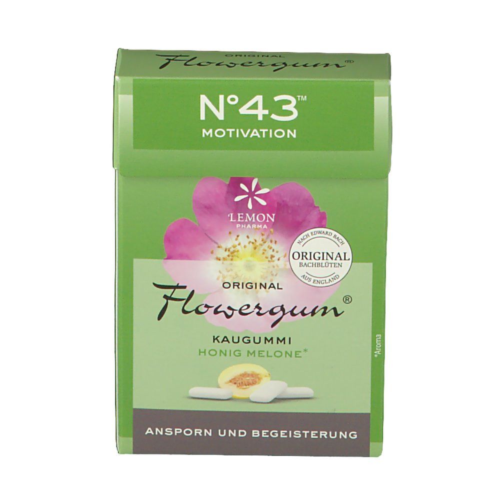 Grüne Schachtel "Flowergum" und "N°43 Motivation". Rosa Blüte, Kaugummis und Honigmelone abgebildet. Text: "Ansporn und Begeisterung".