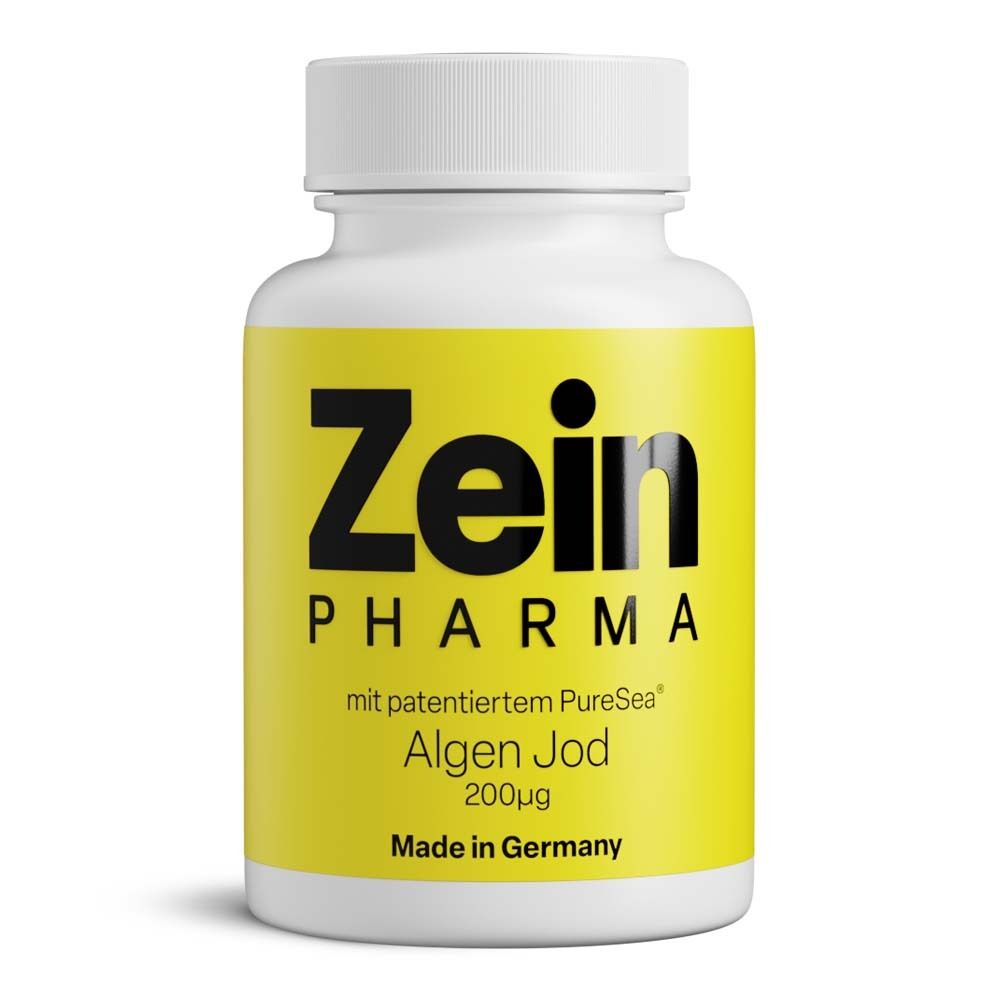 Weiße Flasche mit gelbem Etikett. Aufschrift: ZeinPharma, Algen Jod 200µg. Hergestellt in Deutschland.