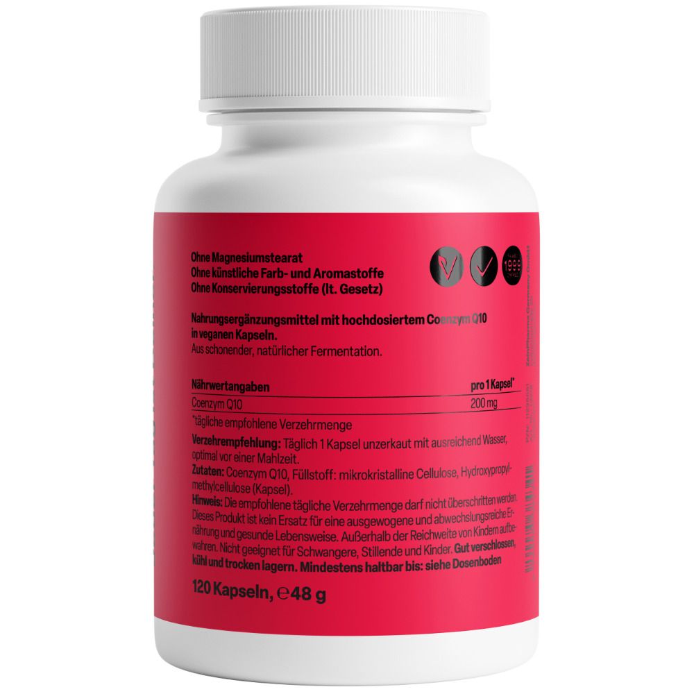 Rückseite der weißen Flasche. Informationen zu Inhaltsstoffen, Dosierung und Hersteller. 120 Kapseln.