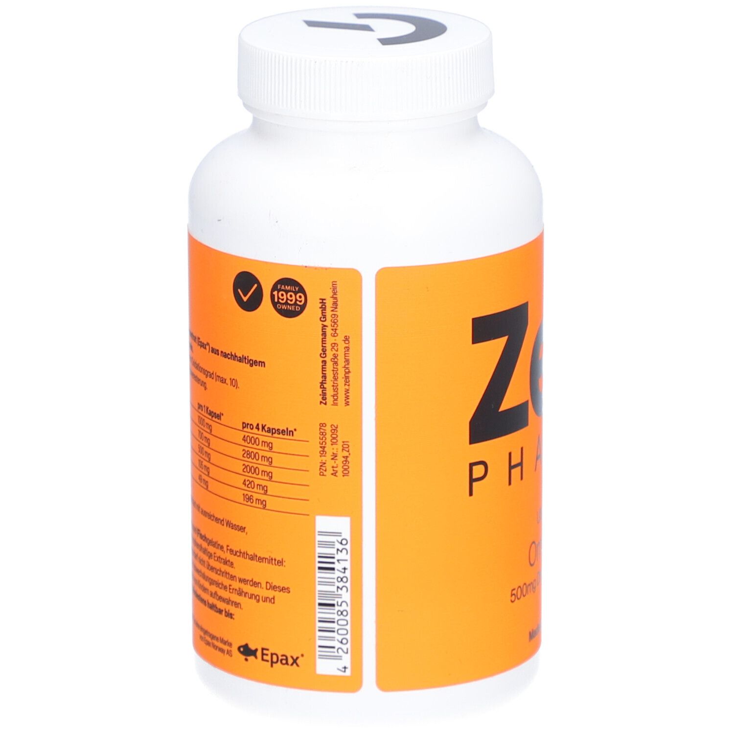 Weiße Flasche mit orangefarbenem Etikett. Zein Pharma Omega 3. Rückseite mit Nährwertangaben und Zertifizierungen.