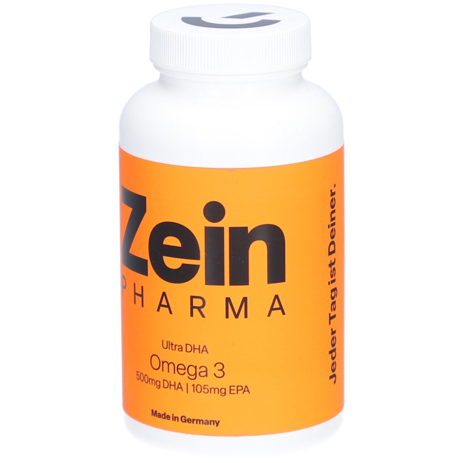 Weiße Flasche mit orangefarbenem Etikett. Zein Pharma Omega 3. Enthält 500mg DHA und 105mg EPA. Hergestellt in Deutschland.