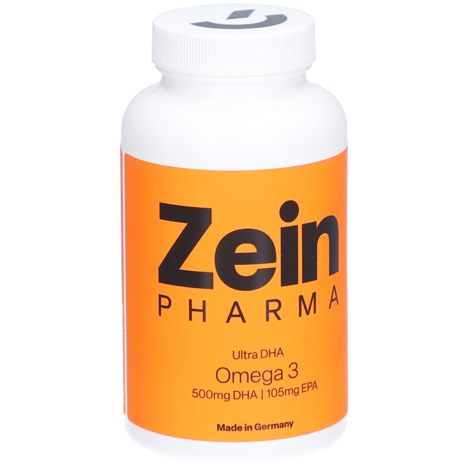 Weiße Dose mit orangefarbenem Etikett. Zeigt 'Zein Pharma Ultra DHA Omega 3', 500mg DHA | 105mg EPA. Hergestellt in Deutschland.
