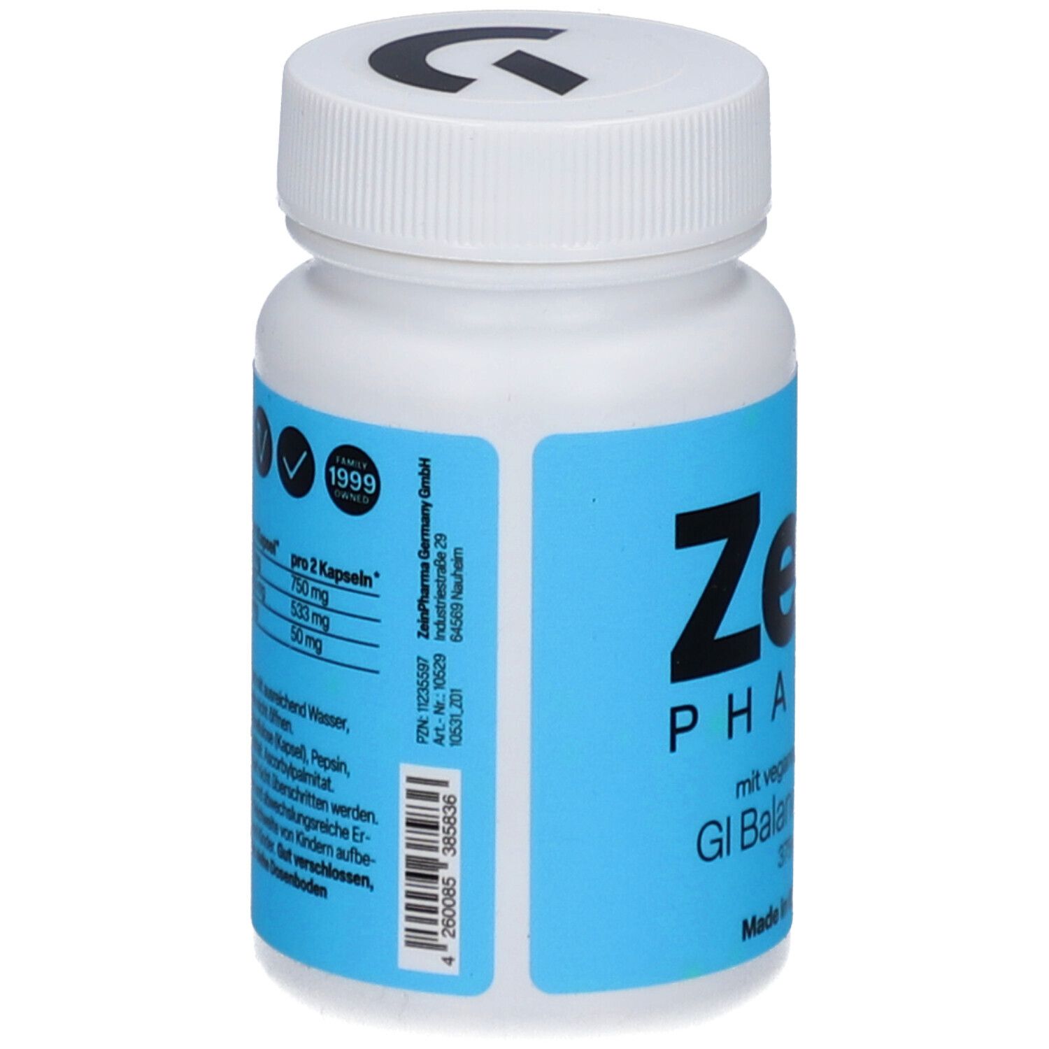 Weiße Pillendose mit blauem Etikett. Zein Pharma, GI Balance Light. Rückseite mit Inhaltsangaben.