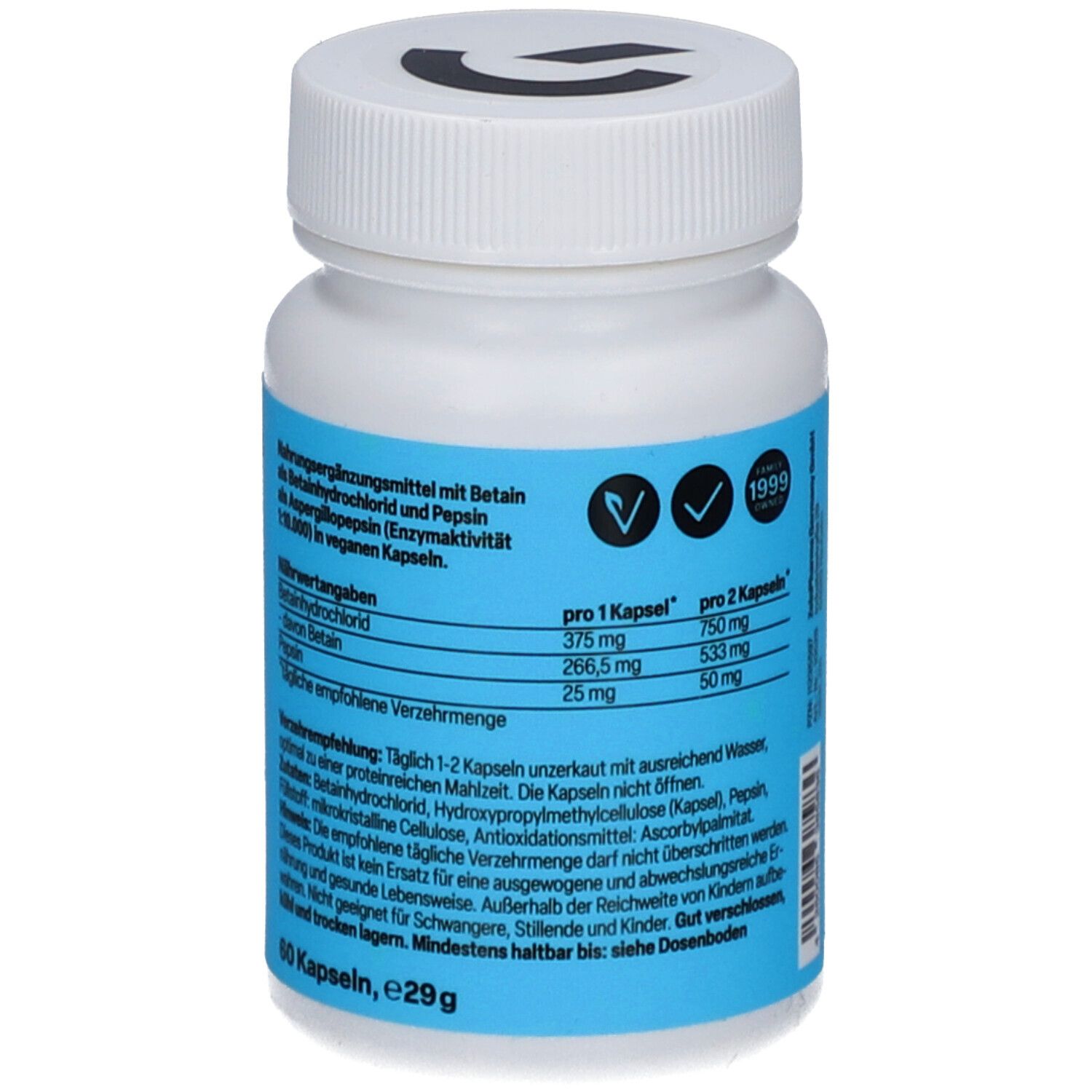 Weiße Pillendose mit blauem Etikett. Rückseite mit Nährwertangaben und Inhaltsstoffen. 60 Kapseln.
