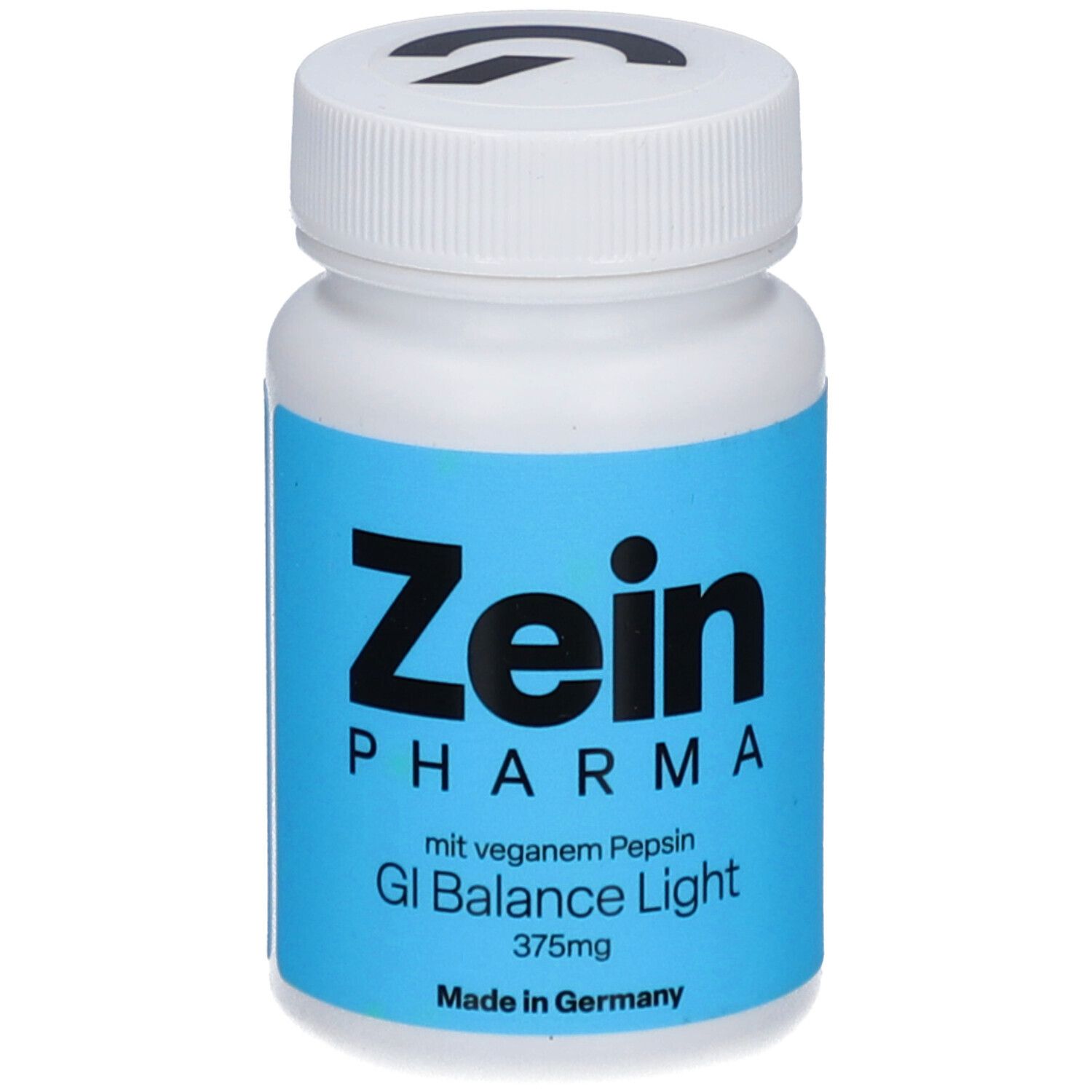 Weiße Pillendose mit blauem Etikett. Zein Pharma, GI Balance Light 375mg. Deckel mit Logo.