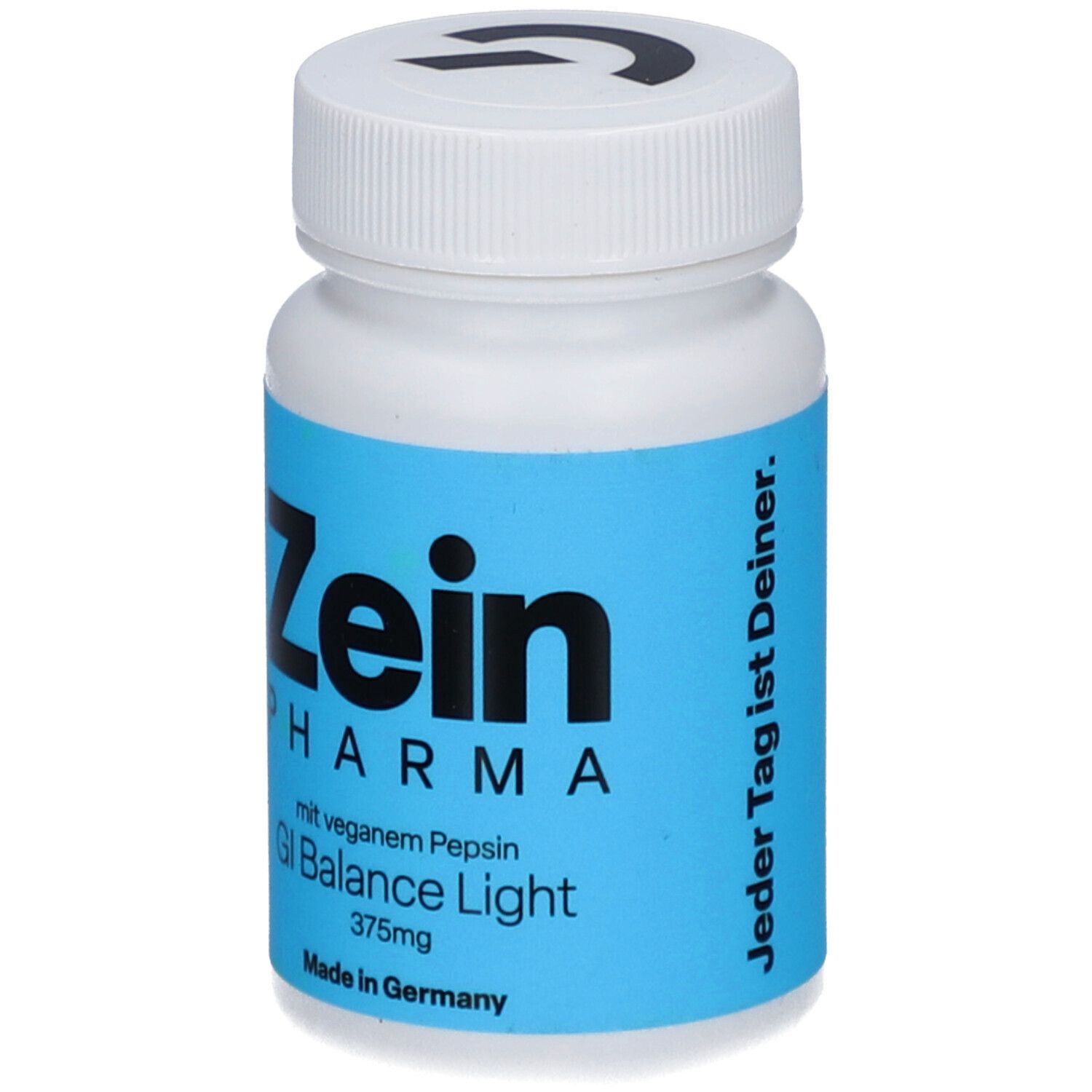 Weiße Pillendose mit blauem Etikett. Zein Pharma, GI Balance Light 375mg. Aufschrift: Jeder Tag ist Deiner.
