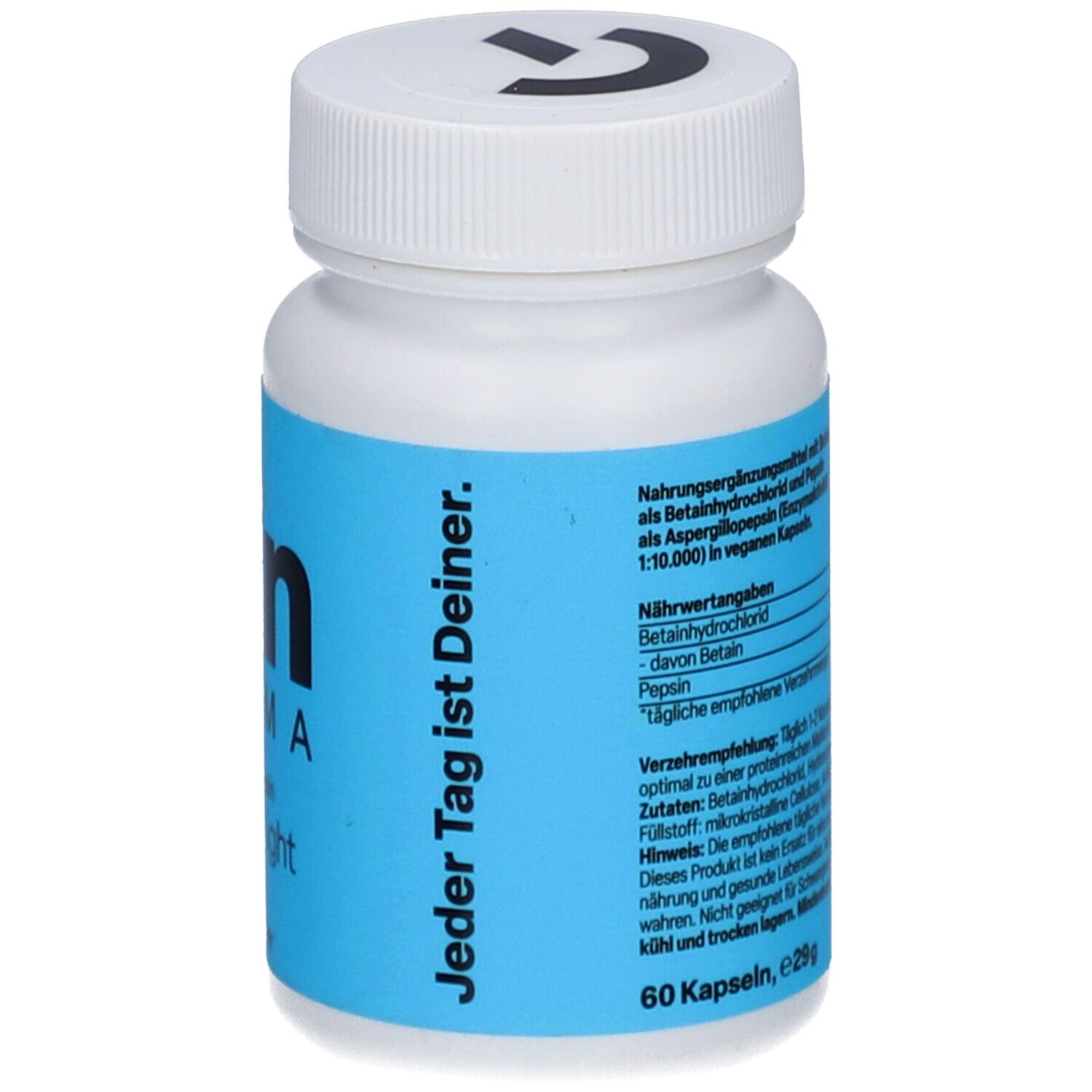 Weiße Pillendose mit blauem Etikett. Zein Pharma, GI Balance Light. Aufschrift: Jeder Tag ist Deiner. 60 Kapseln.