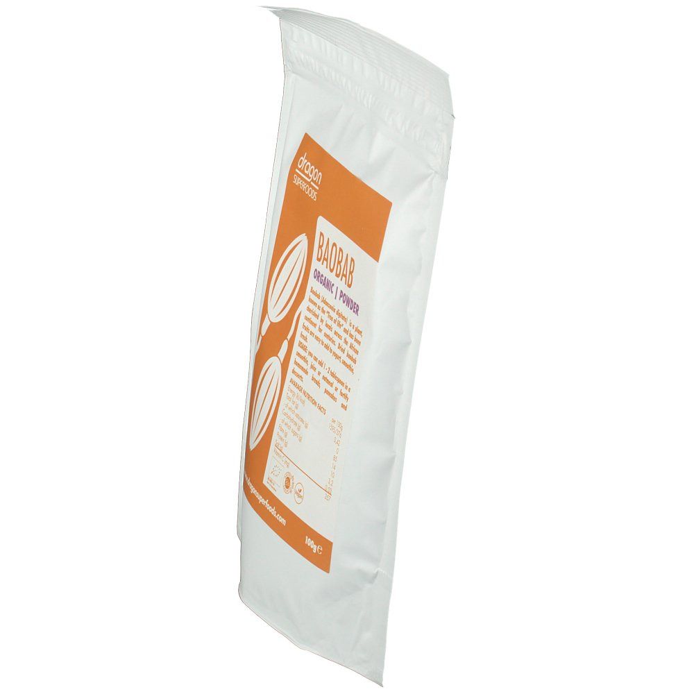 Weißer Beutel, schräg von der Seite gesehen. Orangefarbenes Etikett mit Aufschrift: BAOBAB, ORGANIC | POWDER. Logo: Dragon Superfoods.