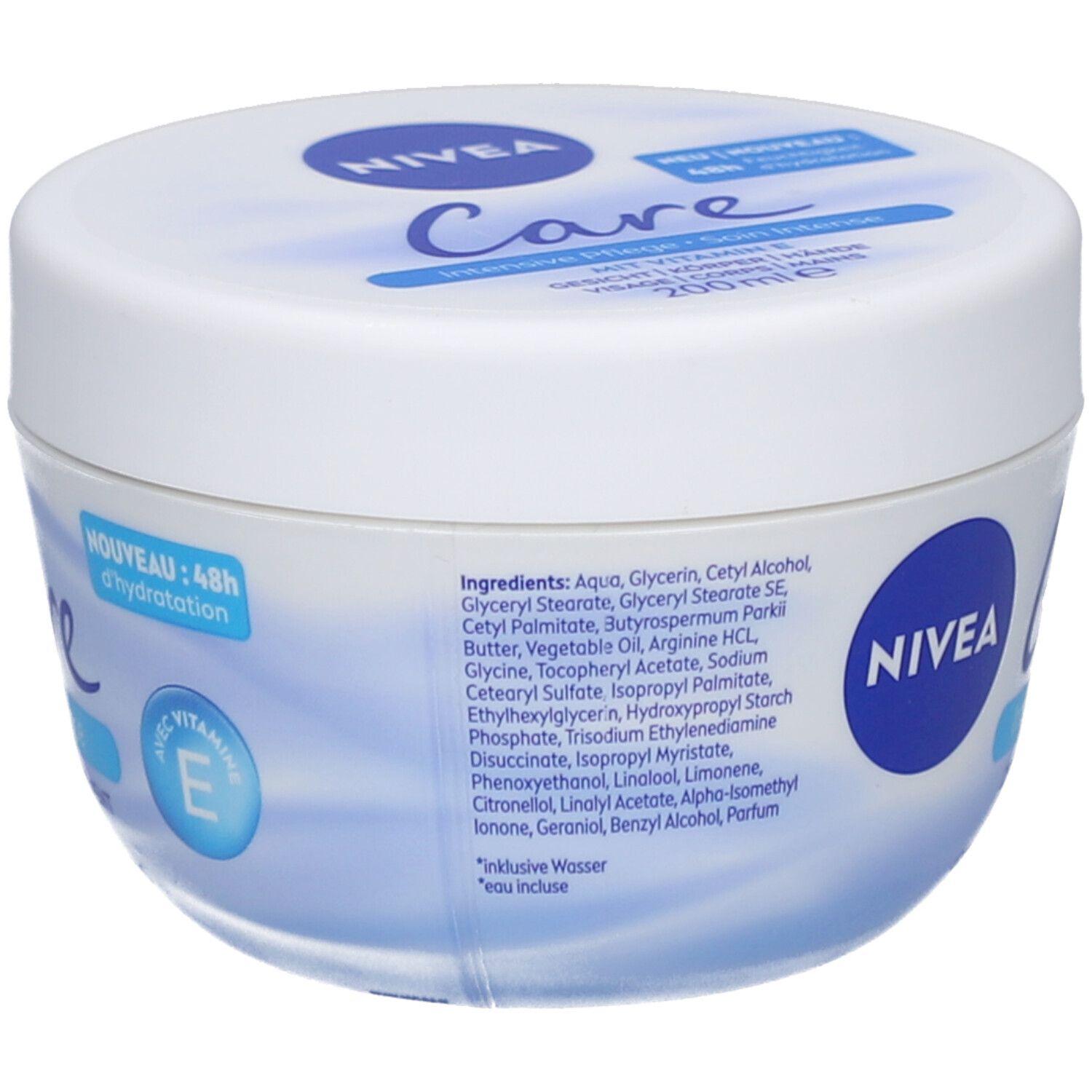 Weißer Tiegel mit blauem Deckel. Aufschrift: NIVEA Care Intensive Pflege. 200 ml. Zieht schnell ein.