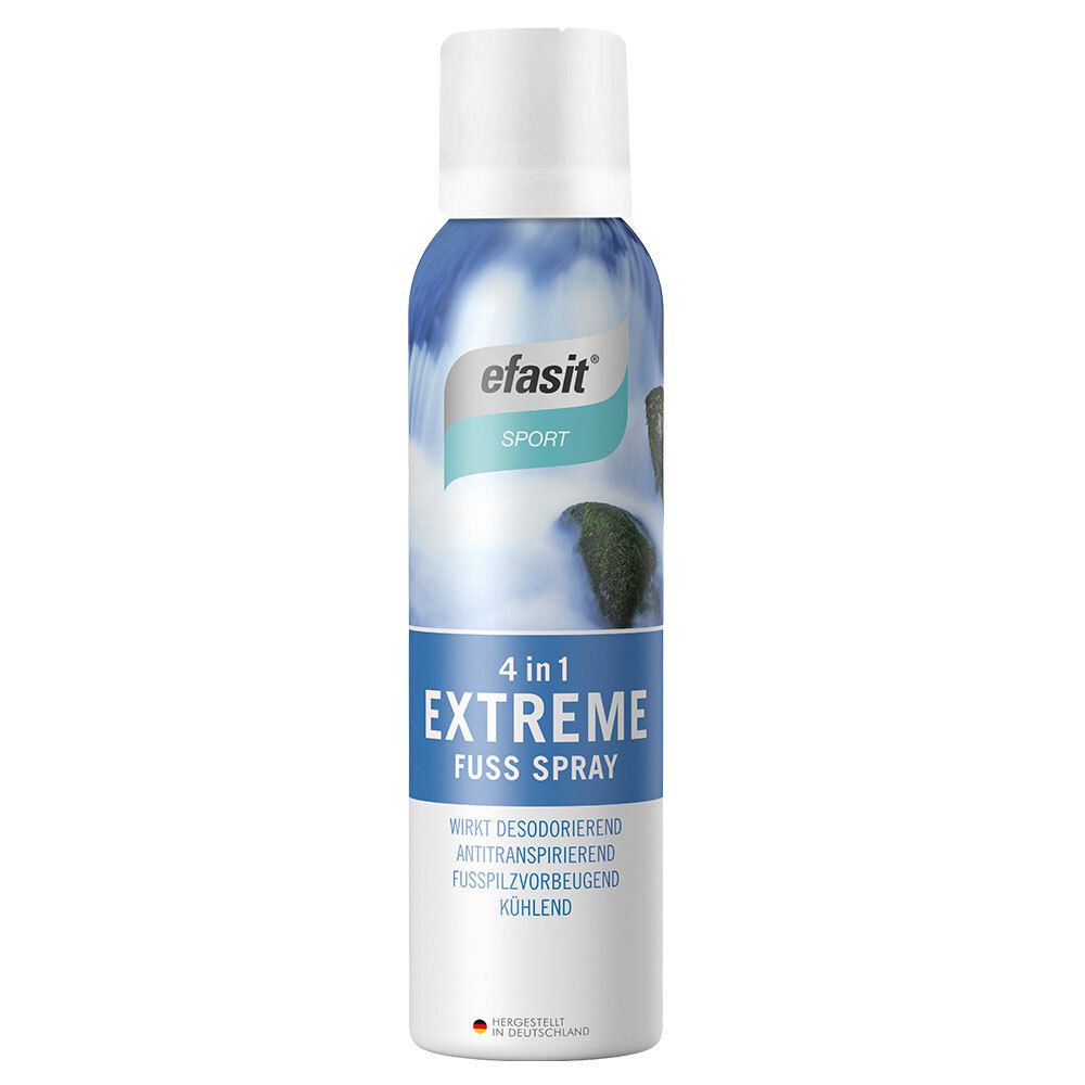 Flasche mit weißem Deckel. Aufschrift: efasit SPORT, 4 in 1 EXTREME FUSSS SPRAY. Wirkt desodorierend, antitranspirierend, fußpilzvorbeugend, kühlend.