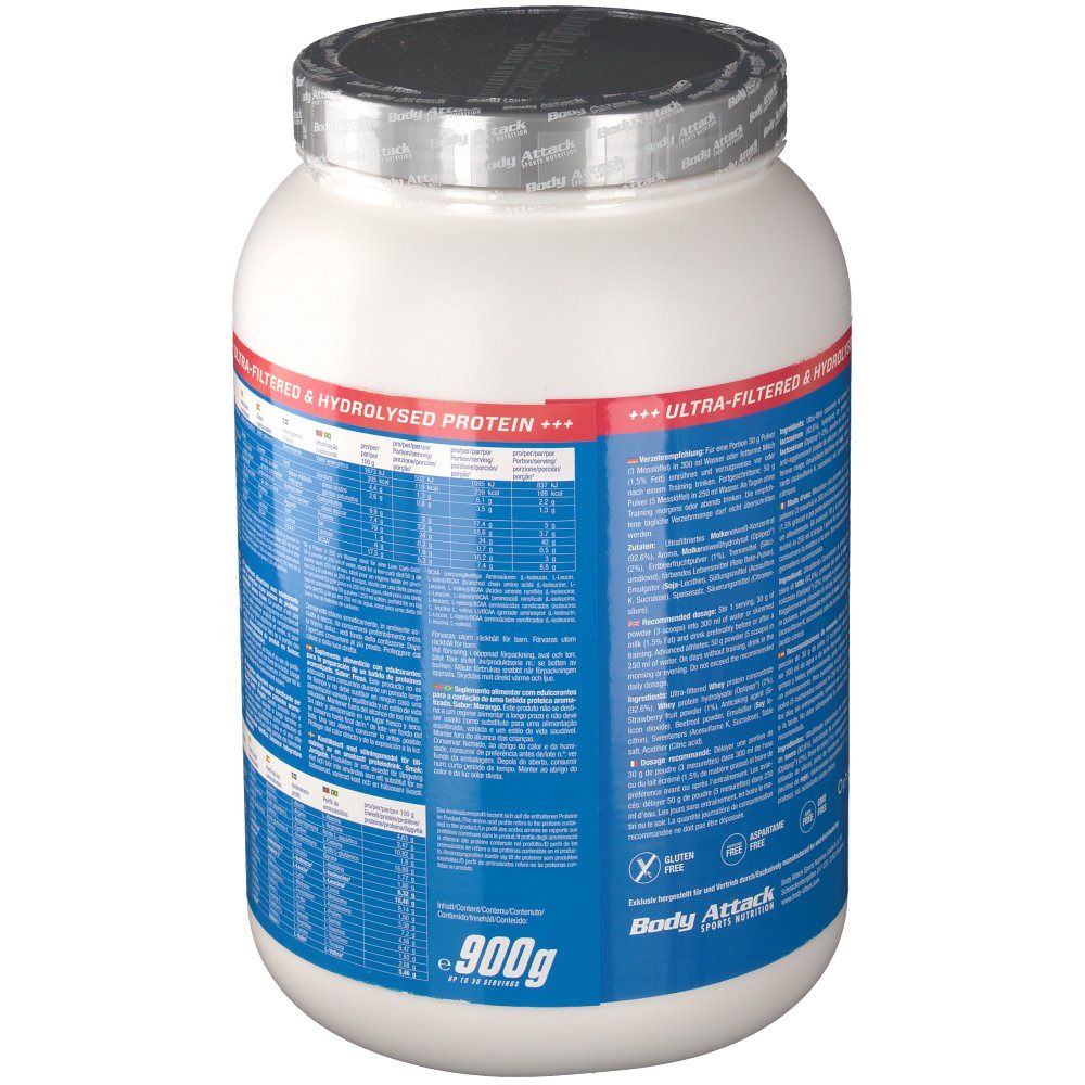 Rückseite des Proteinpulver-Behälters. Blaues Etikett mit Text. 900g. Glutenfrei-Symbol. Body Attack Logo.