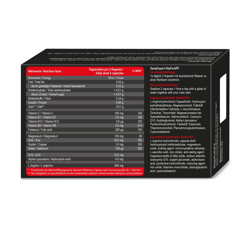 Rückseite der SanaExpert VitaFertil-Verpackung mit Nährwertangaben und Zutatenliste. Text in deutscher Sprache.