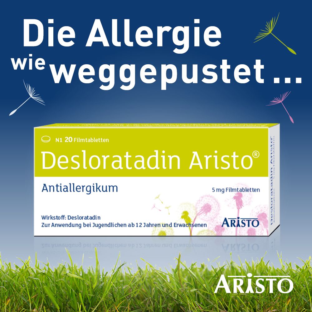 Werbebild mit Desloratadin Aristo. Text: 'Die Allergie wie weggepustet...'. Grün-blauer Hintergrund mit Gras.