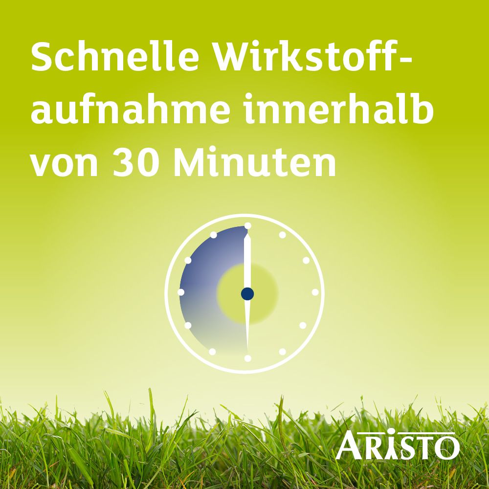 Uhr-Grafik. Text: 'Schnelle Wirkstoffaufnahme innerhalb von 30 Minuten'. Logo Aristo.