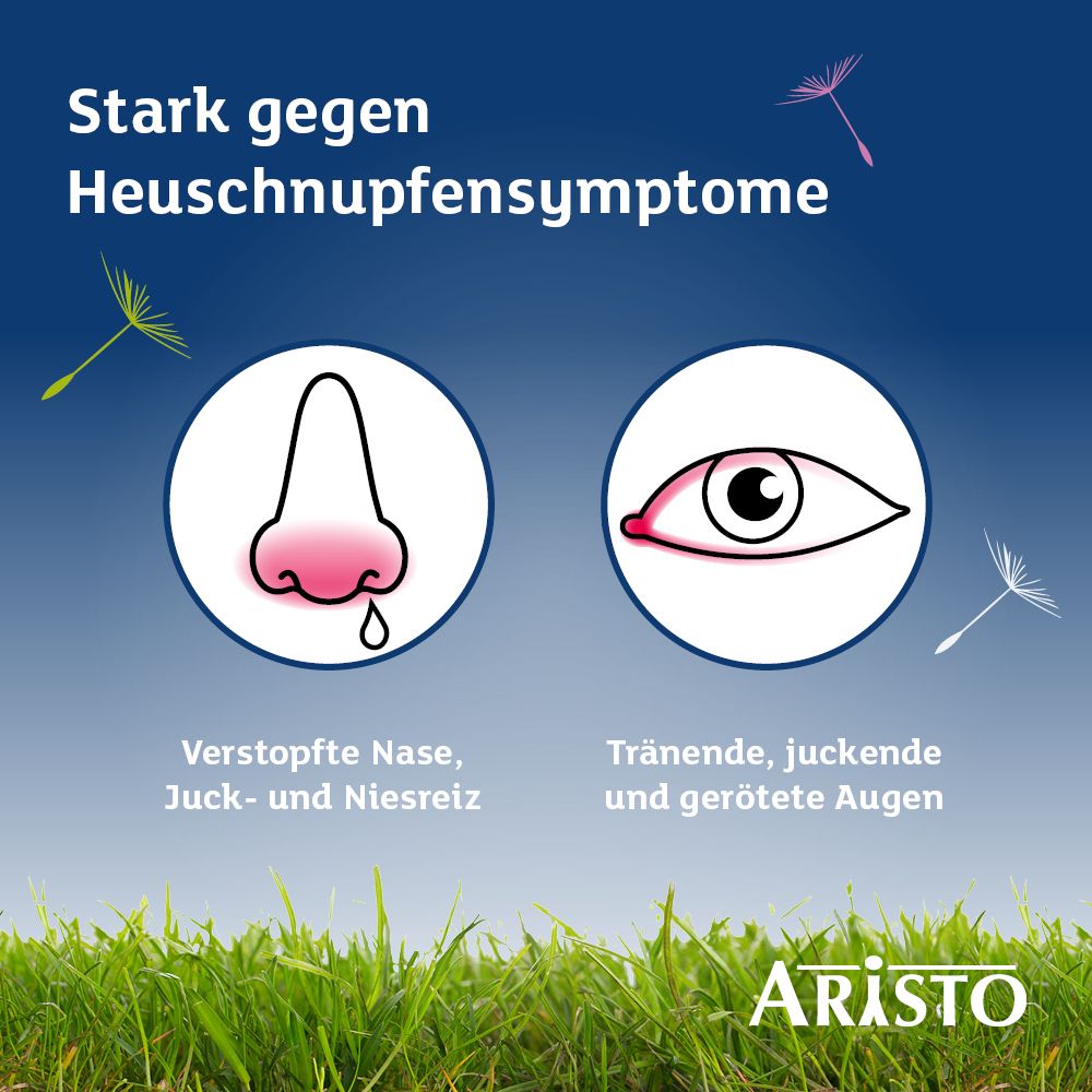 Grafik mit Nase und Auge. Text: 'Stark gegen Heuschnupfensymptome'. Logo Aristo.