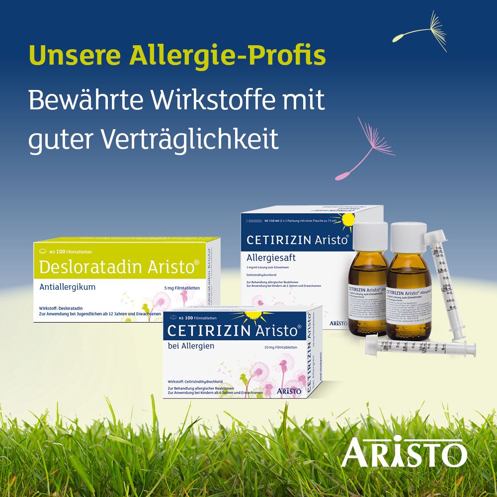 Verschiedene Aristo-Produkte. Text: 'Unsere Allergie-Profis'. Logo Aristo.