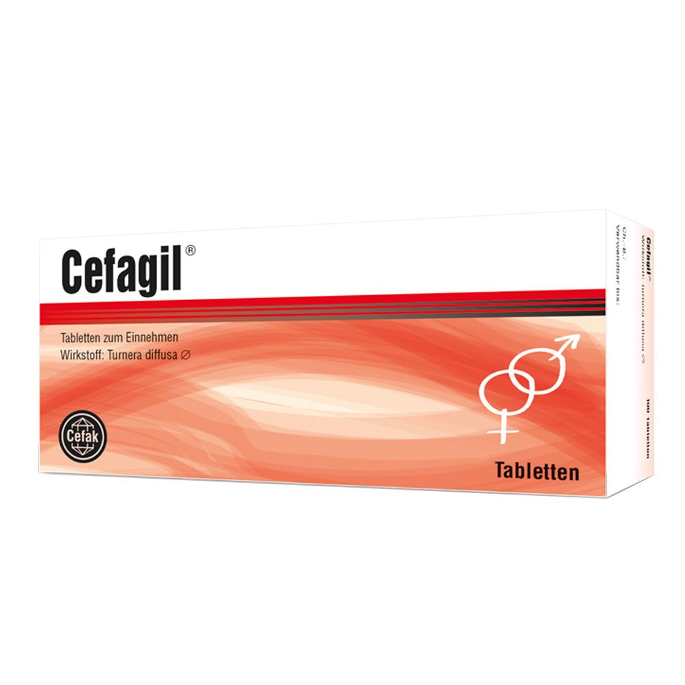 Weiße Schachtel mit rotem Farbverlauf. Aufschrift Cefagil, Tabletten. Logo Cefak. Abbildung von zwei Symbolen für Mann und Frau.