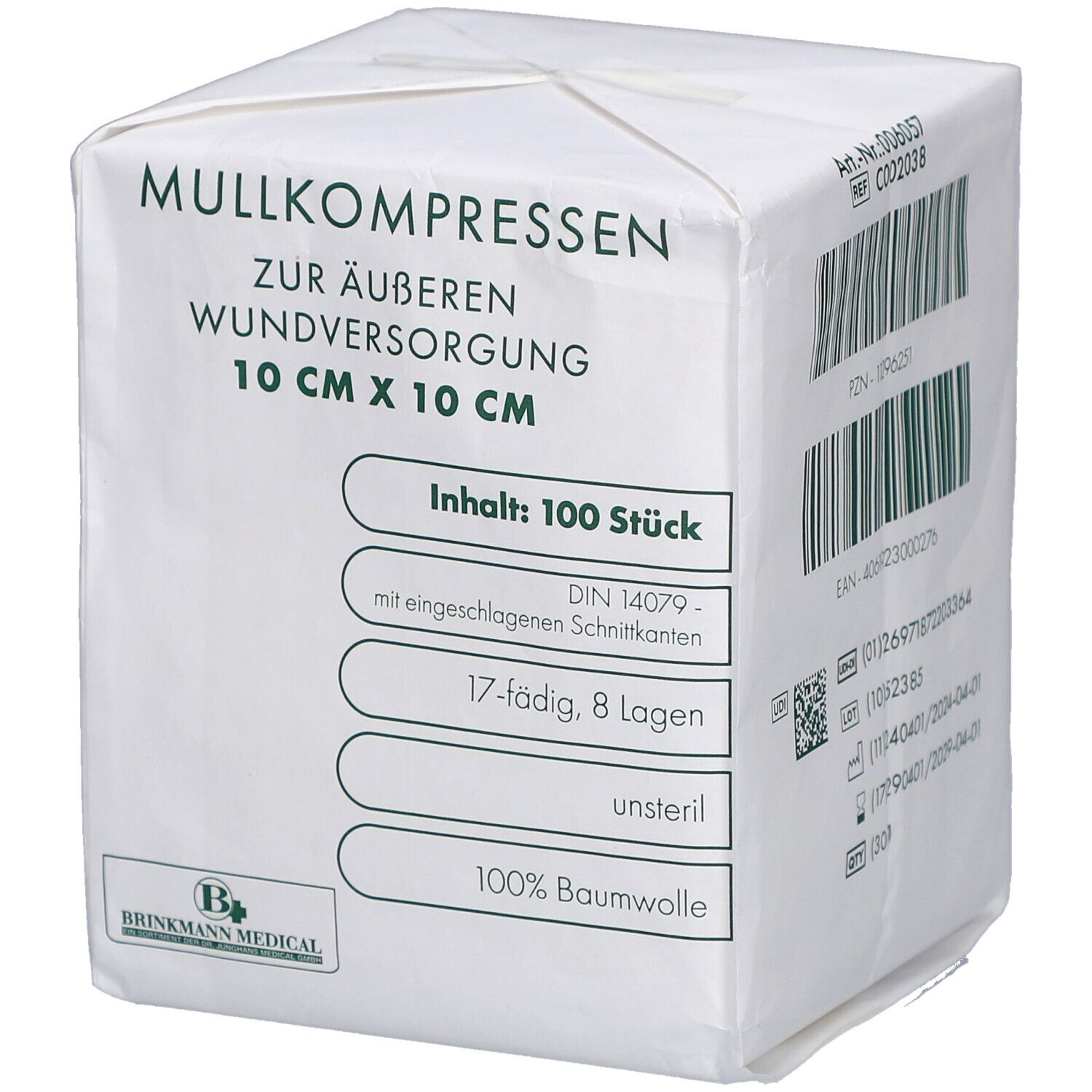 Verpackung Mullkompressen 10x10 cm, unsteril. Text: 100% Baumwolle, 100 Stück, 17-fädig, 8 Lagen. Brinkmann Medical Logo.