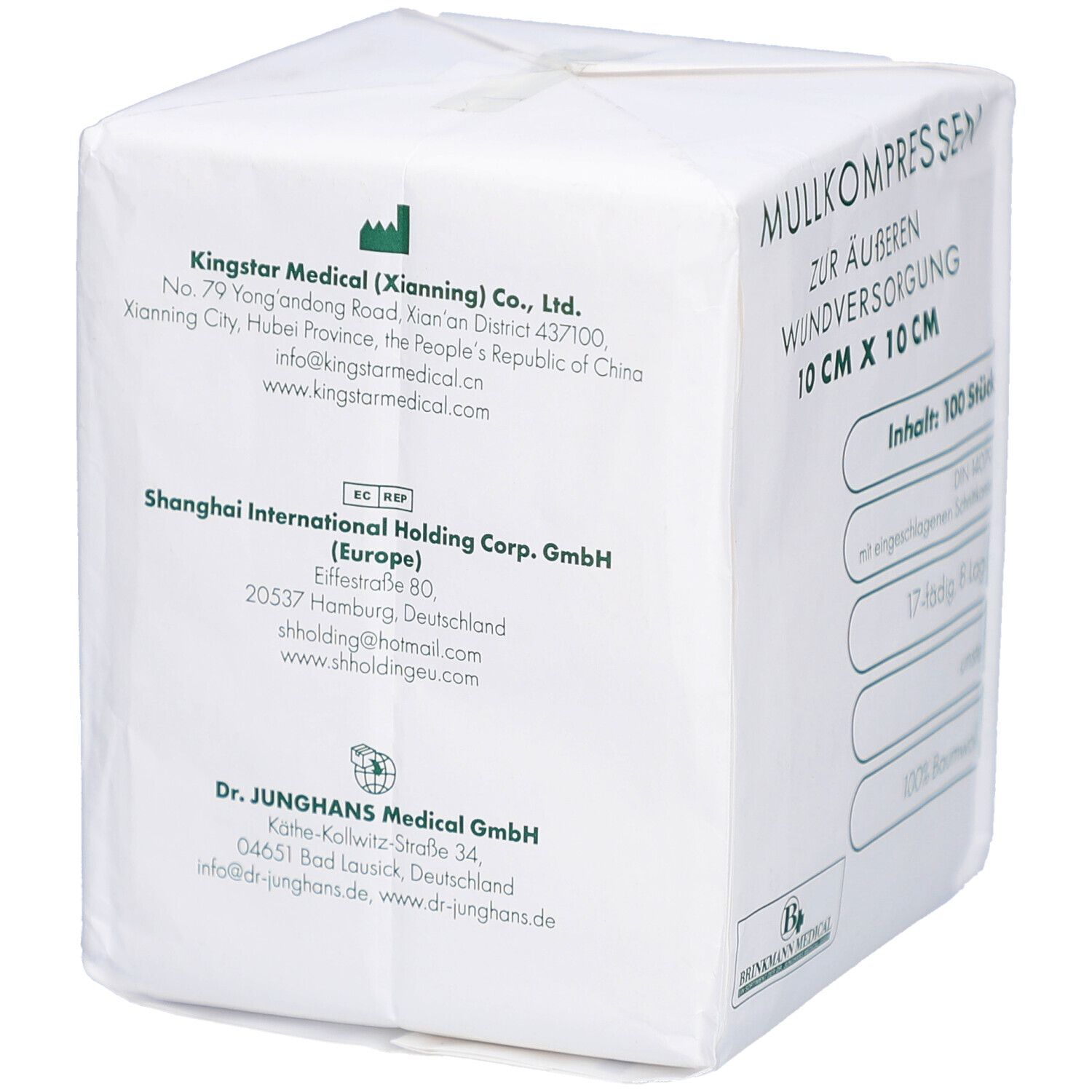 Verpackung Mullkompressen. Rückseite mit Adressen von Kingstar Medical, Shanghai International Holding Corp. und Dr. Junghans Medical GmbH.