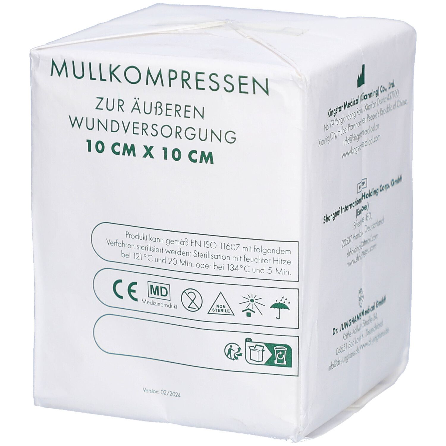 Verpackung Mullkompressen 10x10 cm, unsteril. Mit CE-Kennzeichnung und Informationen zur Sterilisation.