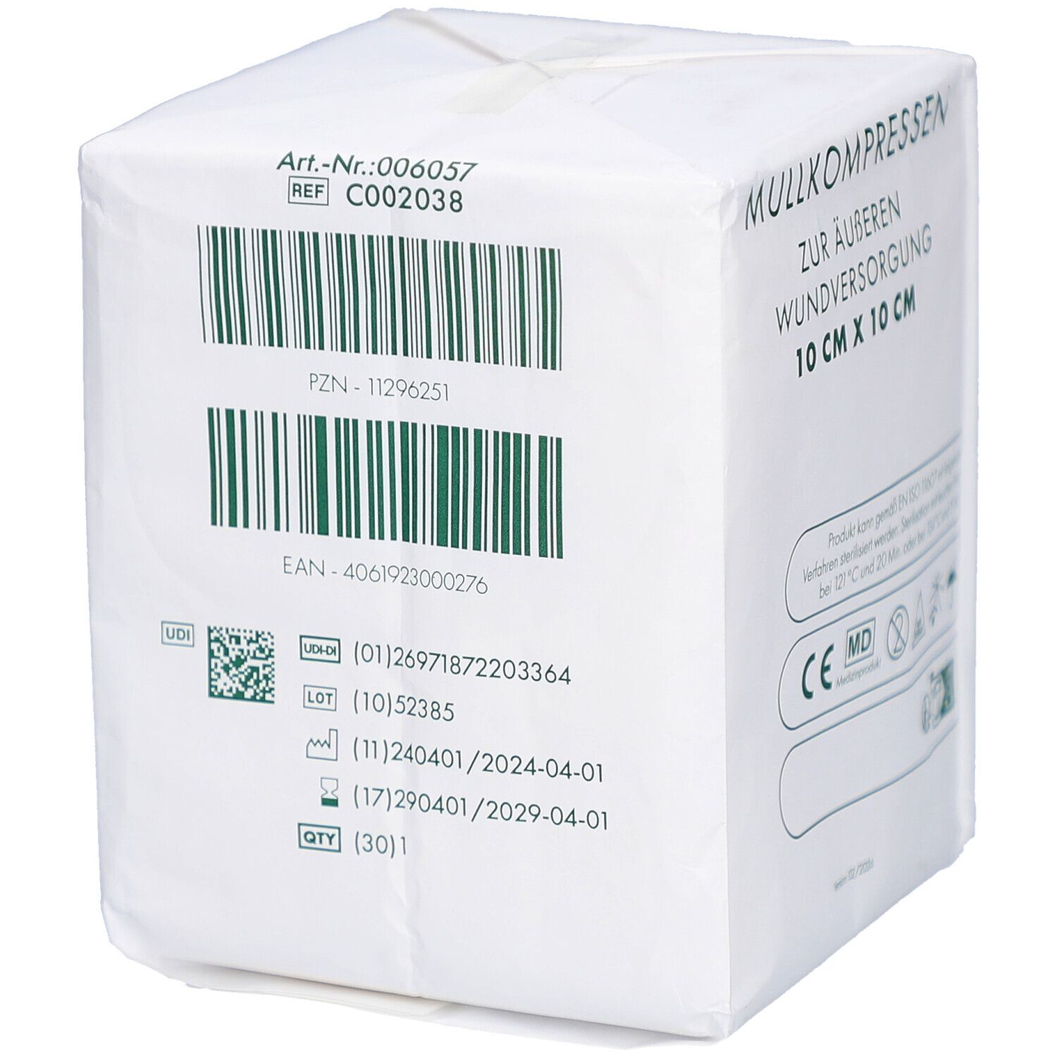 Verpackung Mullkompressen. Barcode, PZN, EAN, UDI-Code und weitere Informationen. Art.-Nr. und REF-Nummer.