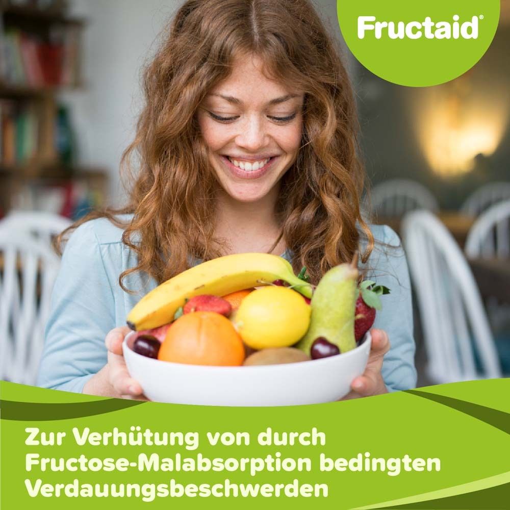 Frau mit Obstschale. Fructaid-Logo. Text: Zur Verhütung von durch Fructose-Malabsorption bedingten Verdauungsbeschwerden.