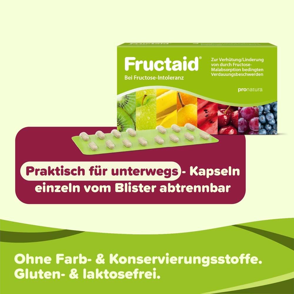 Fructaid-Schachtel und Blisterpackung mit Kapseln. Text: Praktisch für unterwegs. Ohne Farb-& Konservierungsstoffe. Gluten-& laktosefrei.