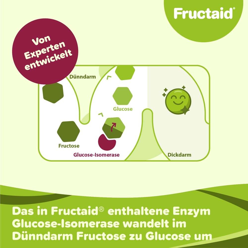 Grafik: Fructose wird im Dünndarm durch Glucose-Isomerase in Glucose umgewandelt. Text: Das in Fructaid enthaltene Enzym...