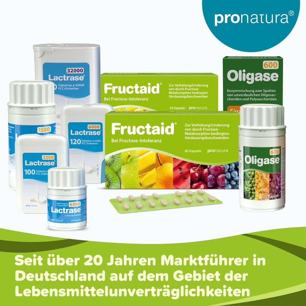 Verschiedene Produkte: Fructaid, Lactrase, Oligase. Text: Seit über 20 Jahren Marktführer in Deutschland...