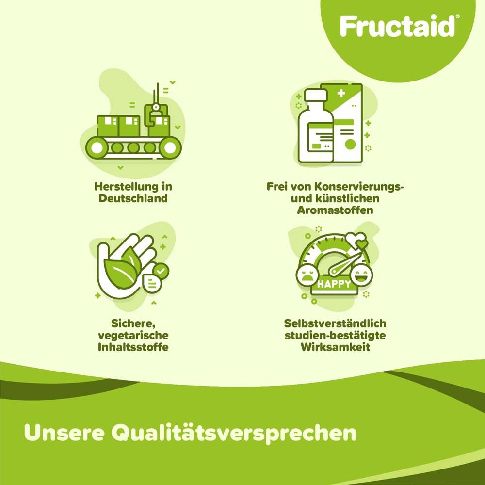 Vier Icons: Herstellung in Deutschland, frei von Aromastoffen, sichere Inhaltsstoffe, studienbestätigte Wirkung.