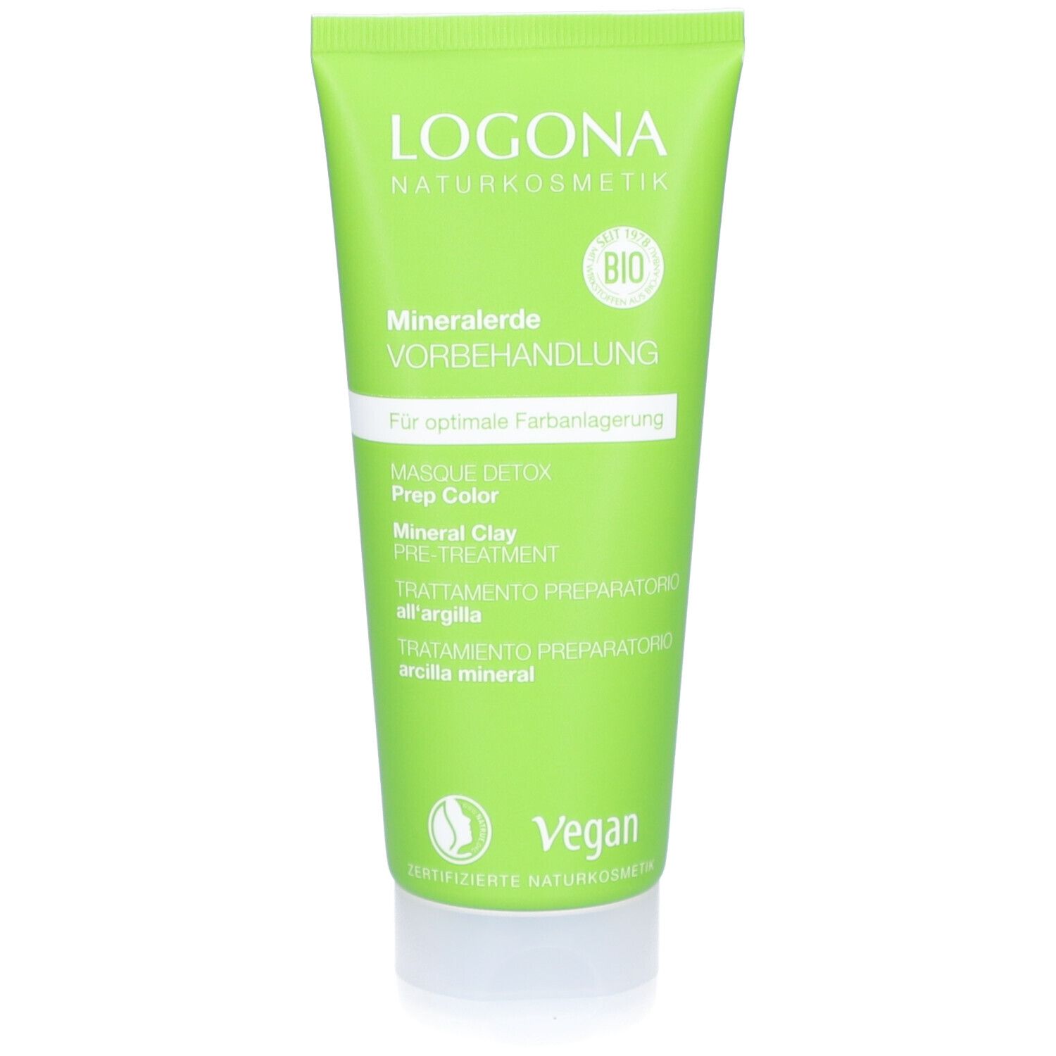 Grüne Tube mit Produkt. Text: LOGONA, Mineralerde Vorbehandlung, Masque Detox Prep Color. Vegan-Siegel.