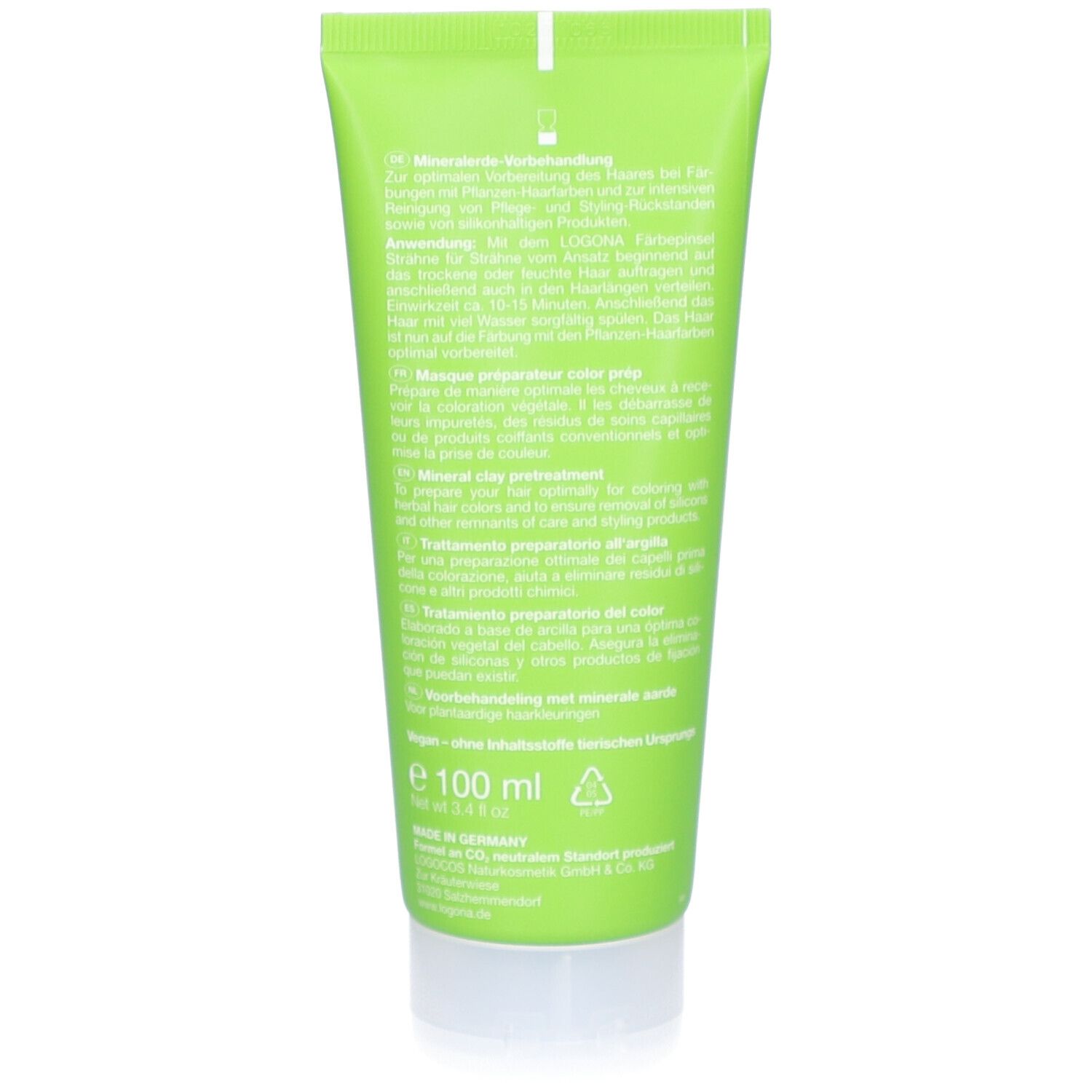 Rückseite der grünen Tube. Text: Anwendung, Inhaltsstoffe, 100 ml, Vegan-Siegel, Herstellerinformationen.