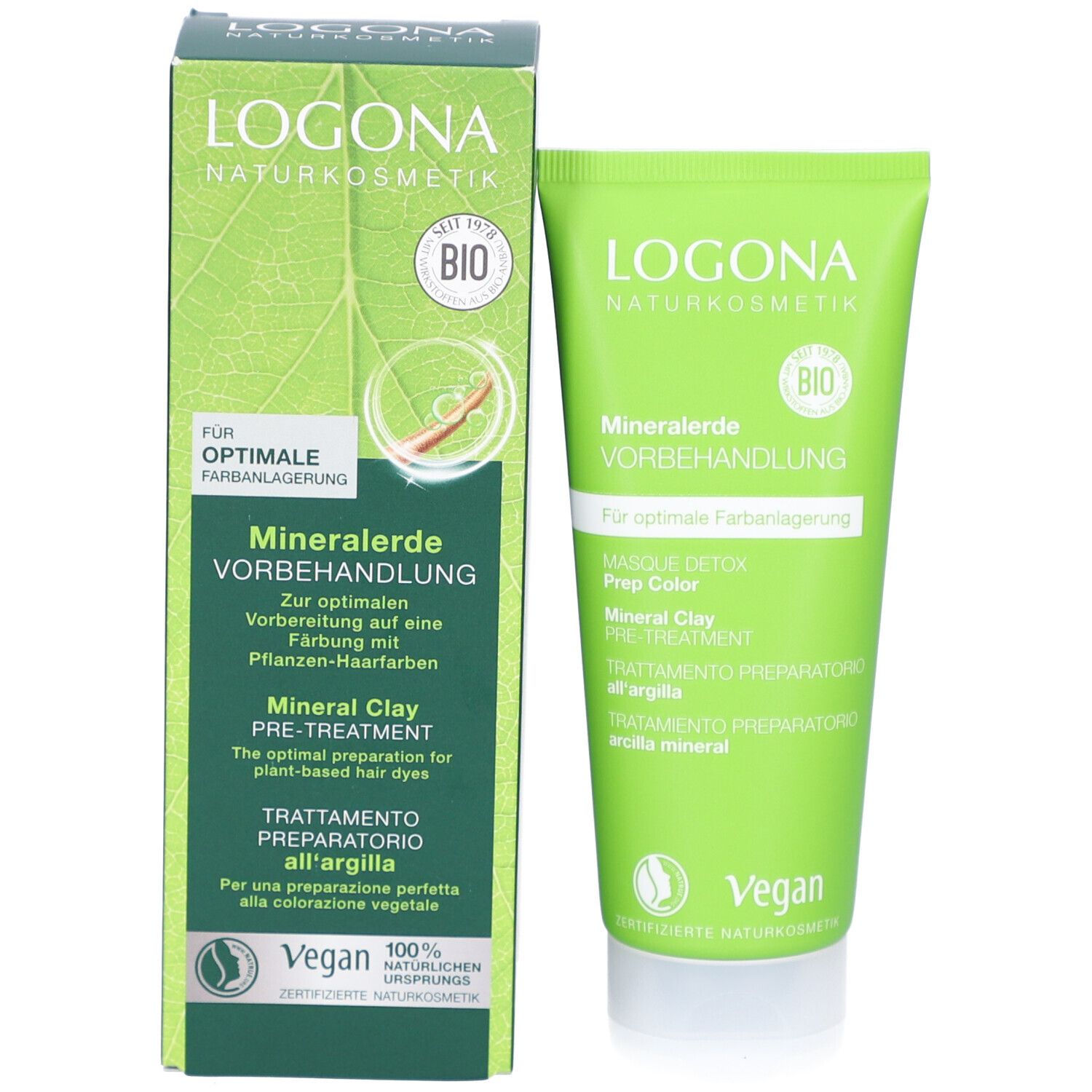 Produkt und Verpackung. Text: LOGONA, Mineralerde Vorbehandlung, Masque Detox Prep Color. Bio-Siegel, Vegan-Siegel.