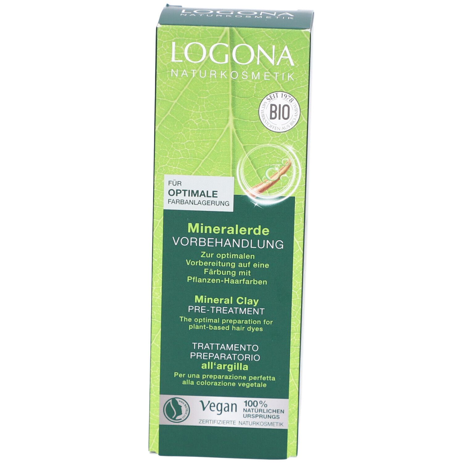 Verpackung. Text: LOGONA, Mineralerde Vorbehandlung, Masque Detox Prep Color. Bio-Siegel, Vegan-Siegel.