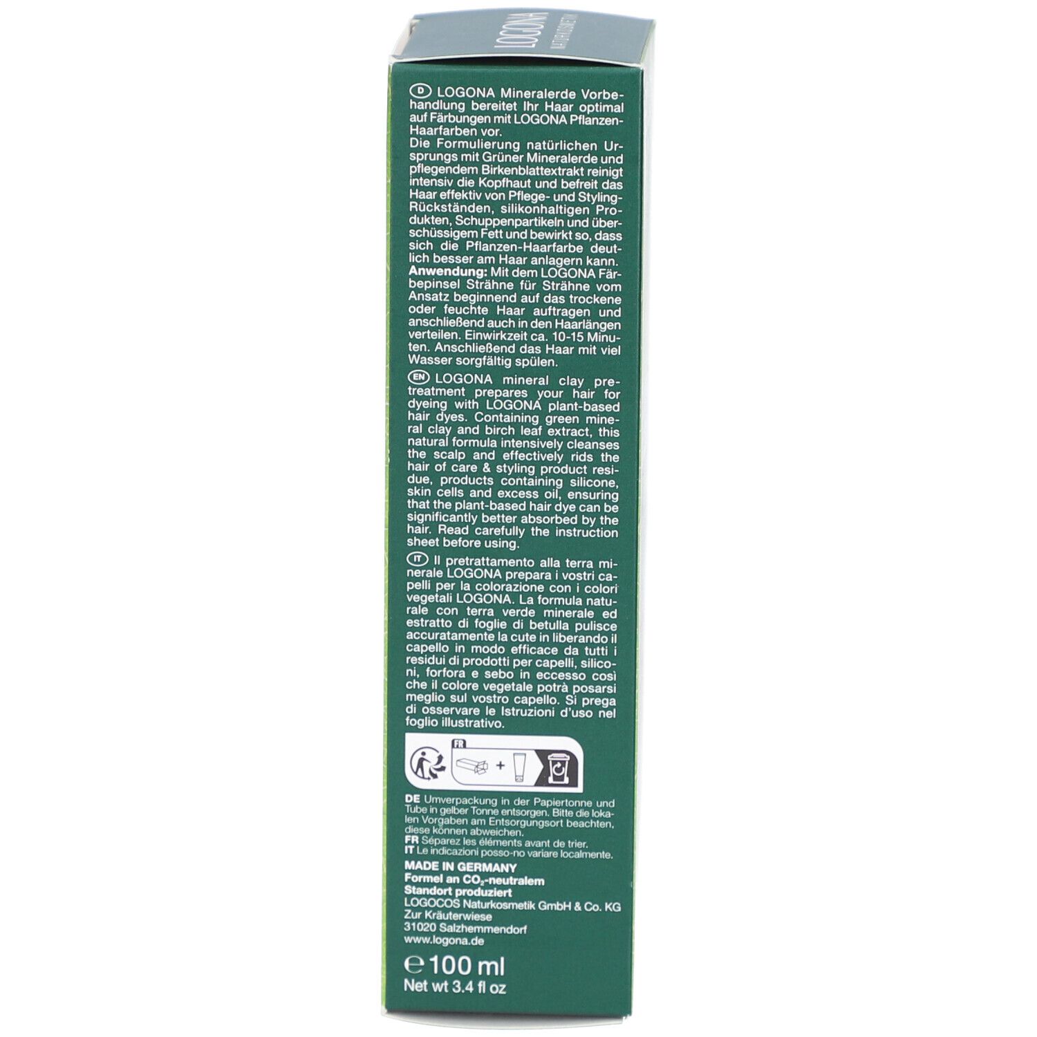 Verpackung, linke Seite. Text: LOGONA, Mineralerde Vorbehandlung, Anwendung, Inhaltsstoffe, 100 ml.