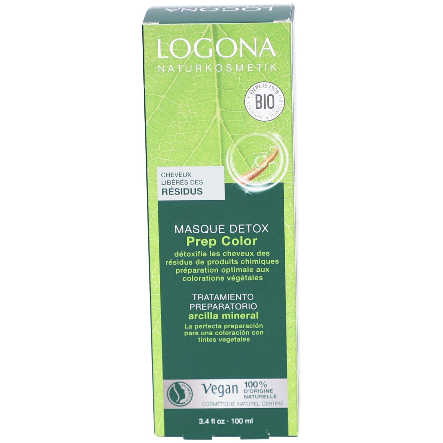 Verpackung, Vorderseite. Text: LOGONA, Masque Detox Prep Color, Vegan-Siegel, 100 ml.