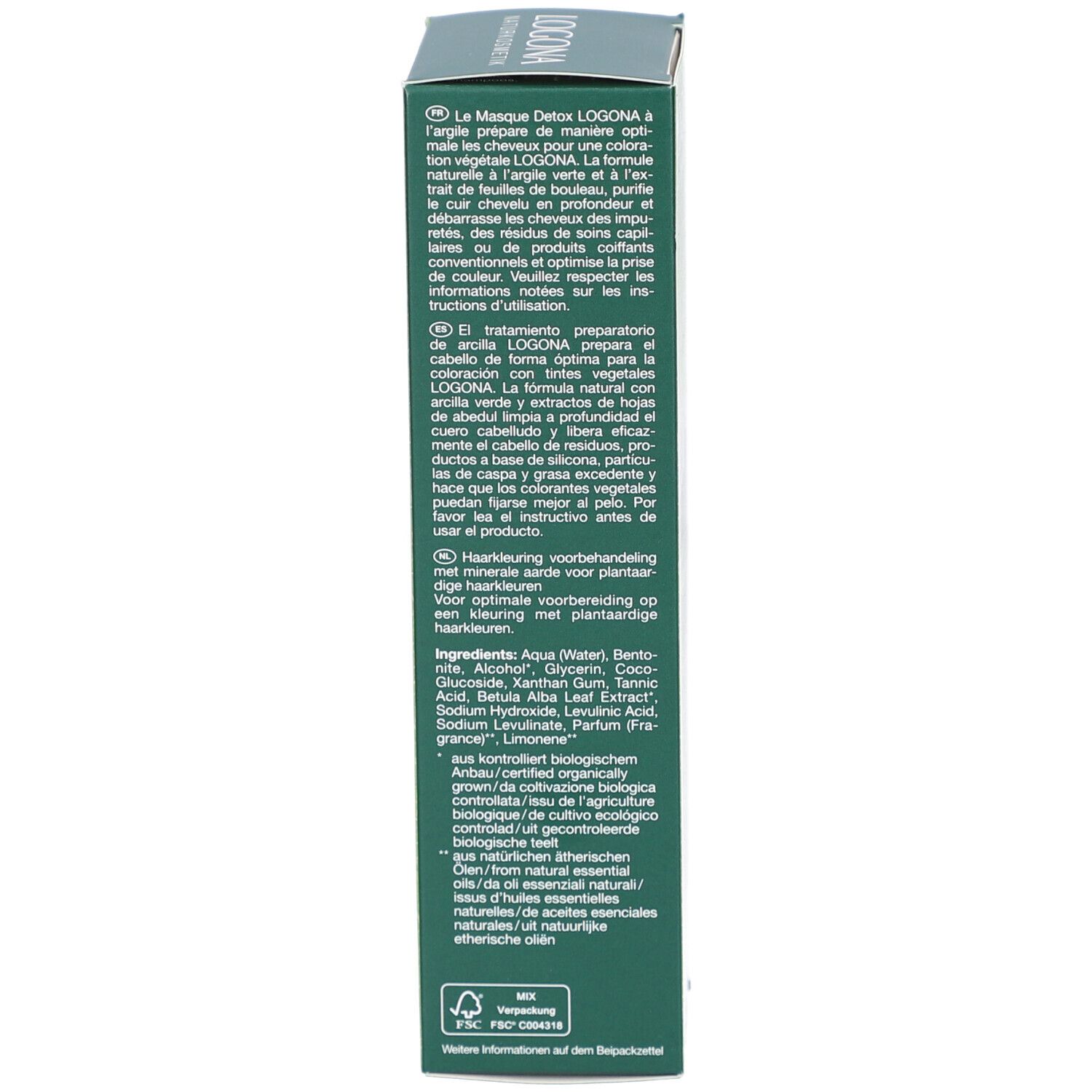 Verpackung, rechte Seite. Text: LOGONA, Masque Detox Prep Color, Inhaltsstoffe, Bio-Siegel.