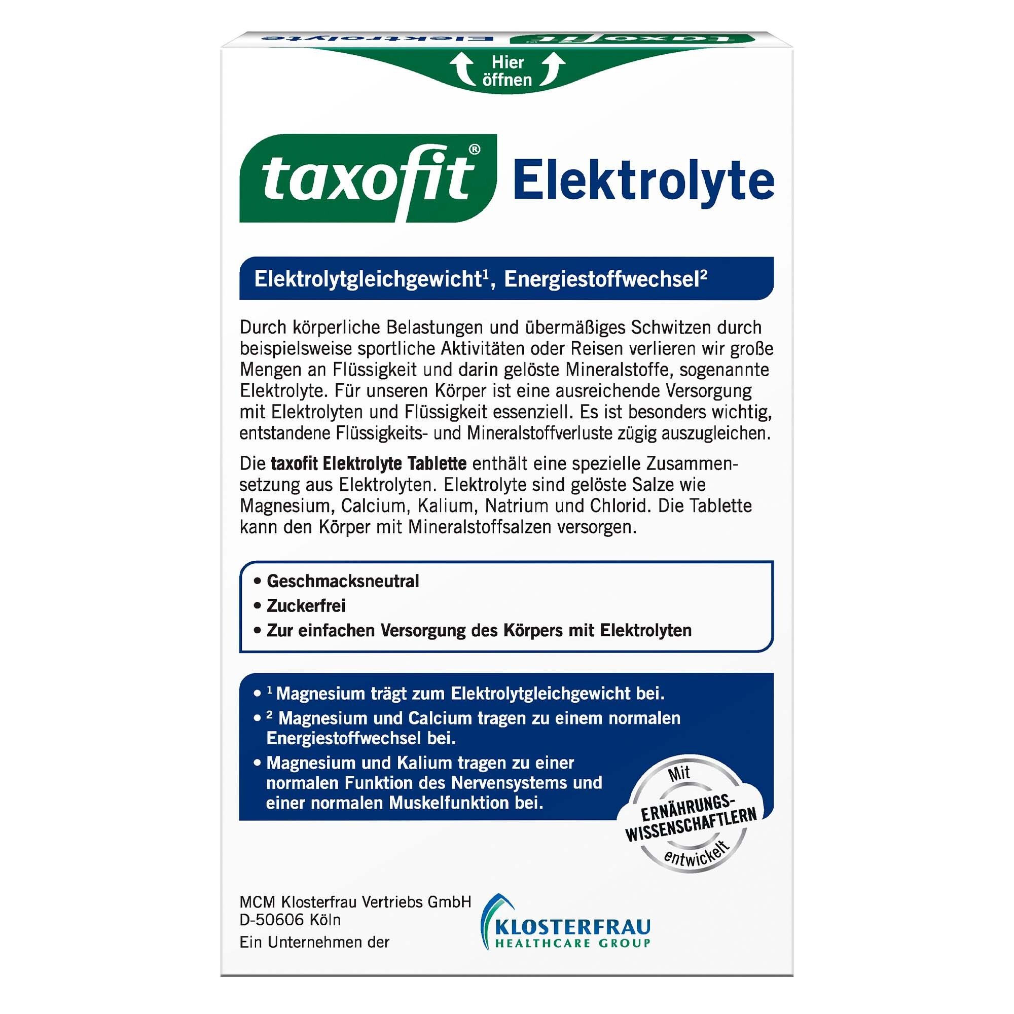 Rückseite der taxofit® Elektrolyte Tabletten Packung mit Produktinformationen und Inhaltsstoffen.